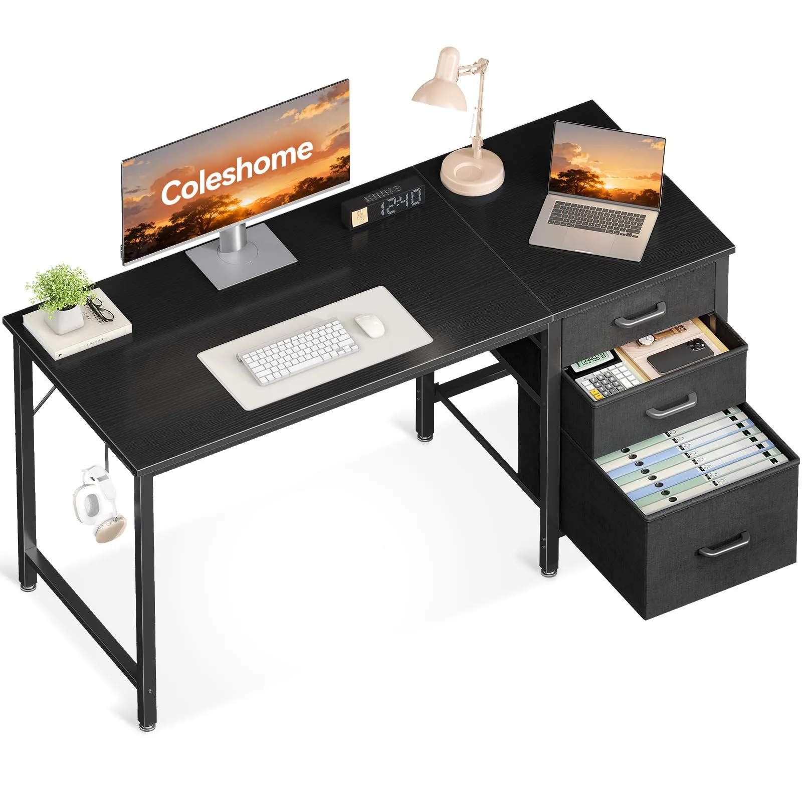 Coleshome Scrivania con 3 Cassetti Reversibile e Gancio Cuffie, 120x48cm - immagine 1