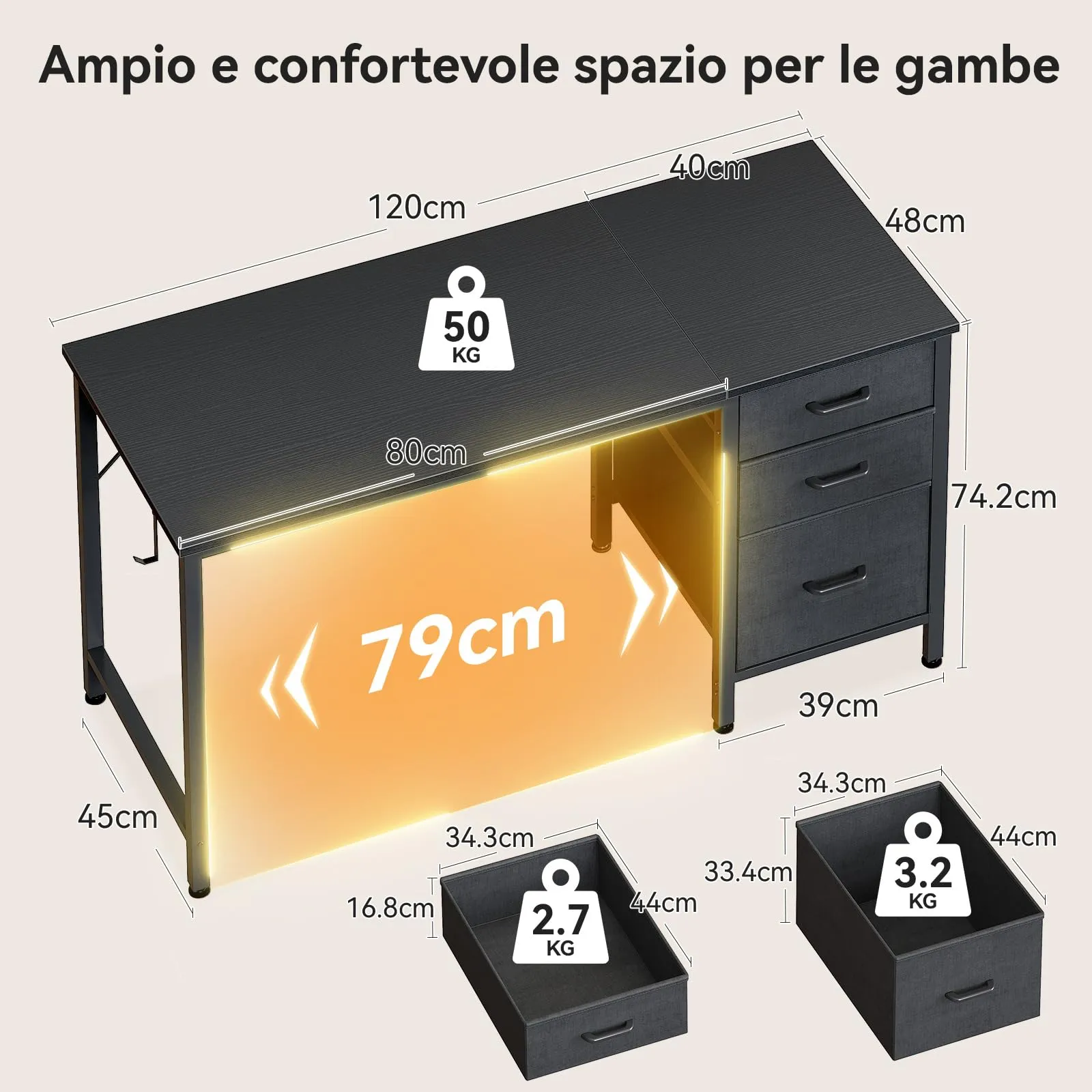 Coleshome Scrivania con 3 Cassetti Reversibile e Gancio Cuffie, 120x48cm - immagine 3