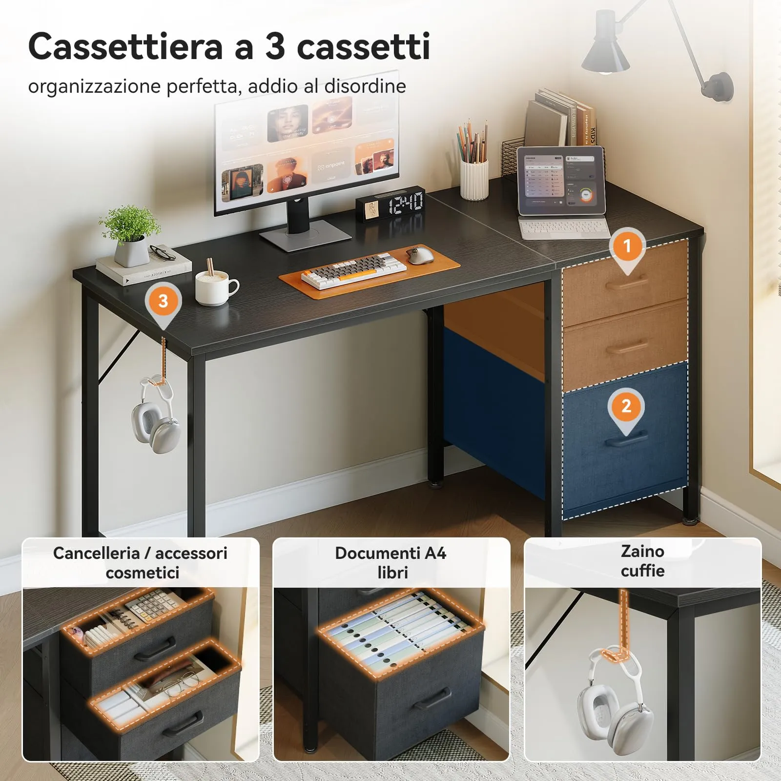 Coleshome Scrivania con 3 Cassetti Reversibile e Gancio Cuffie, 120x48cm - immagine 4