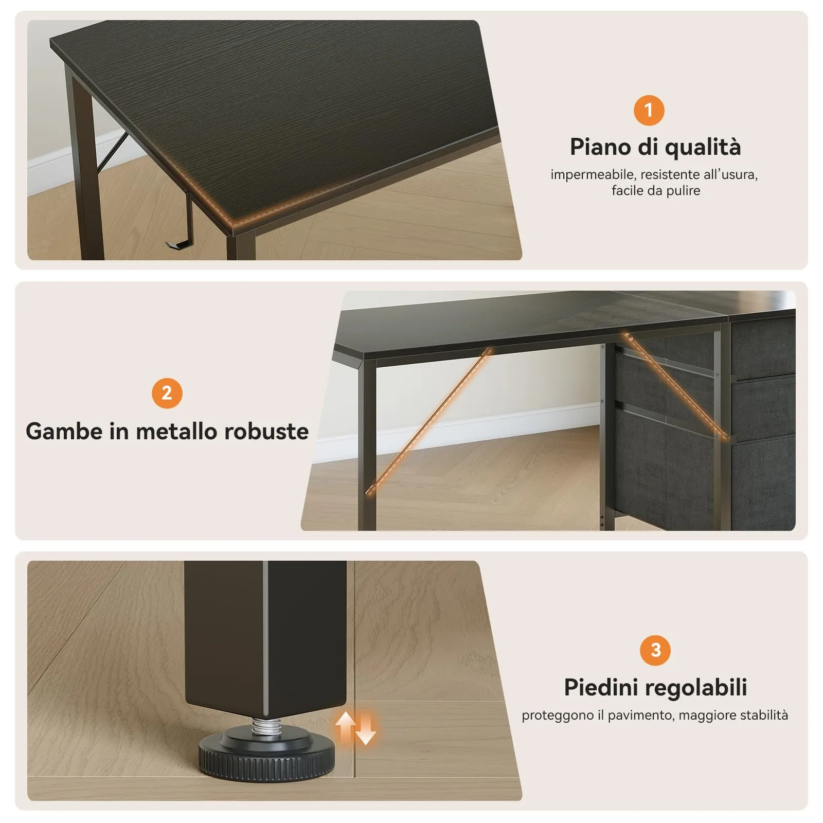 Coleshome Scrivania con 3 Cassetti Reversibile e Gancio Cuffie, 120x48cm - immagine 6