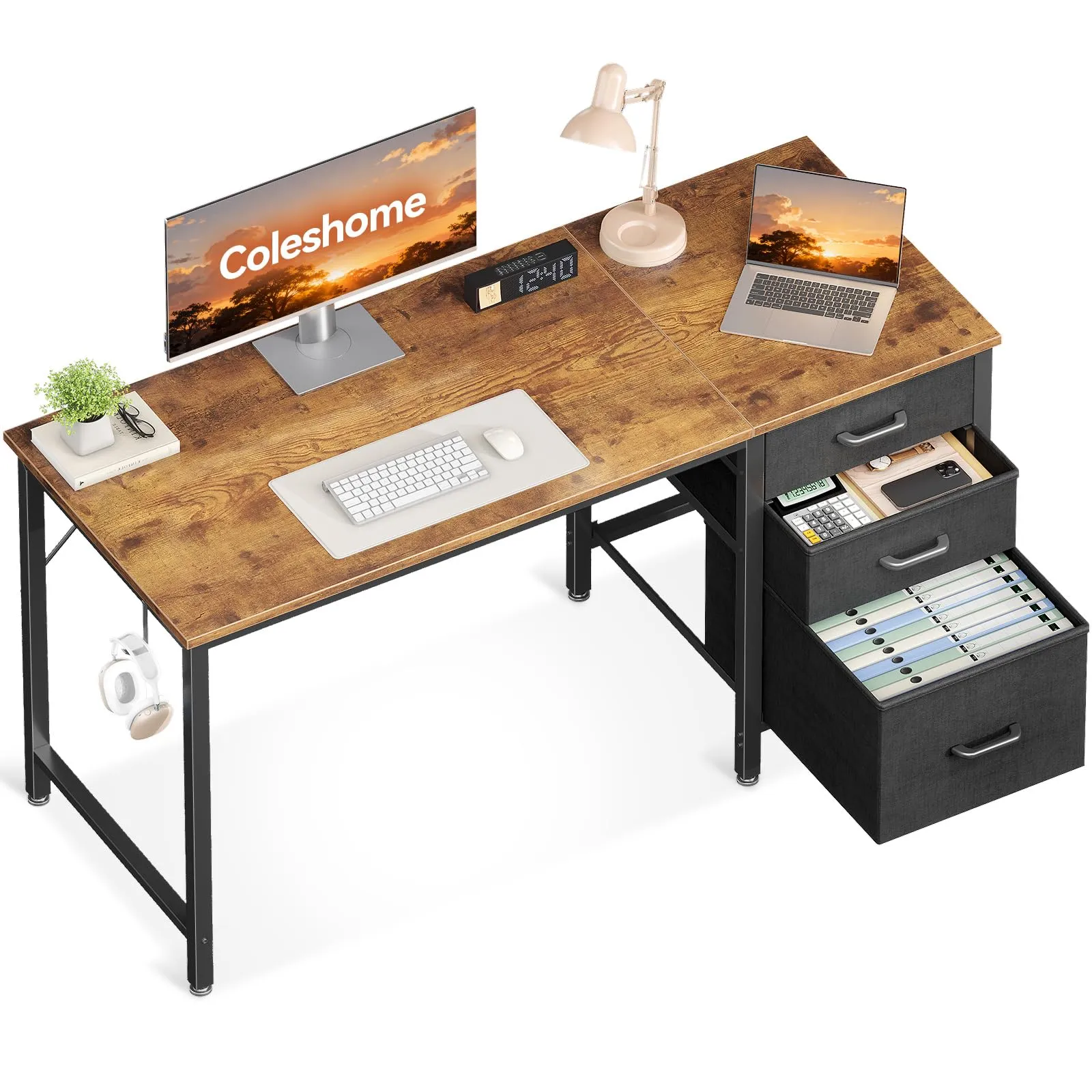 Coleshome Scrivania con 3 Cassetti Reversibile e Gancio Cuffie, 120x48cm - immagine 1