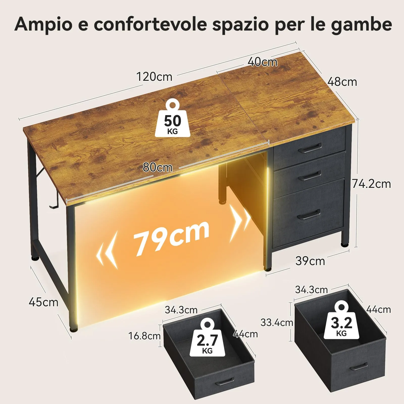 Coleshome Scrivania con 3 Cassetti Reversibile e Gancio Cuffie, 120x48cm - immagine 3