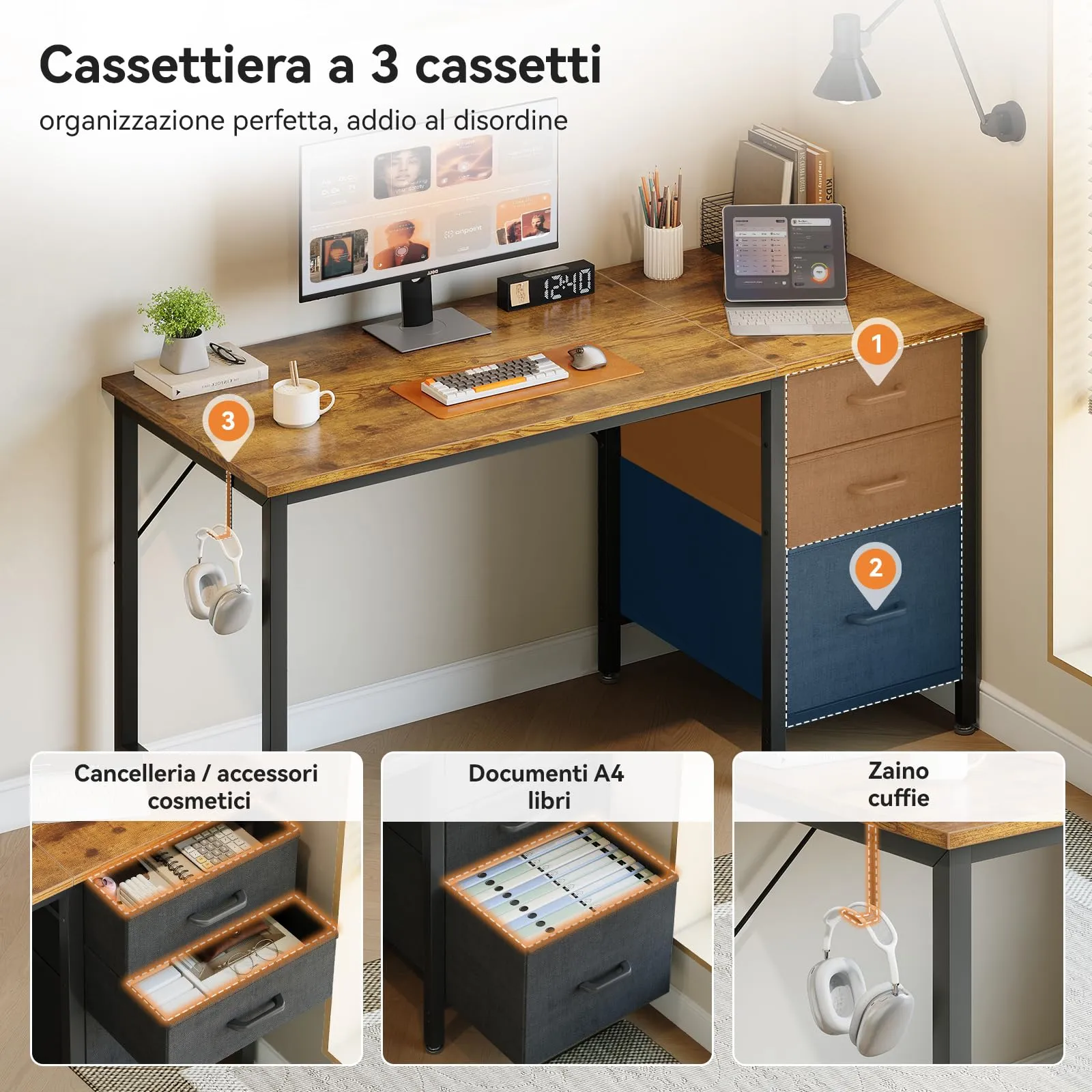 Coleshome Scrivania con 3 Cassetti Reversibile e Gancio Cuffie, 120x48cm - immagine 4