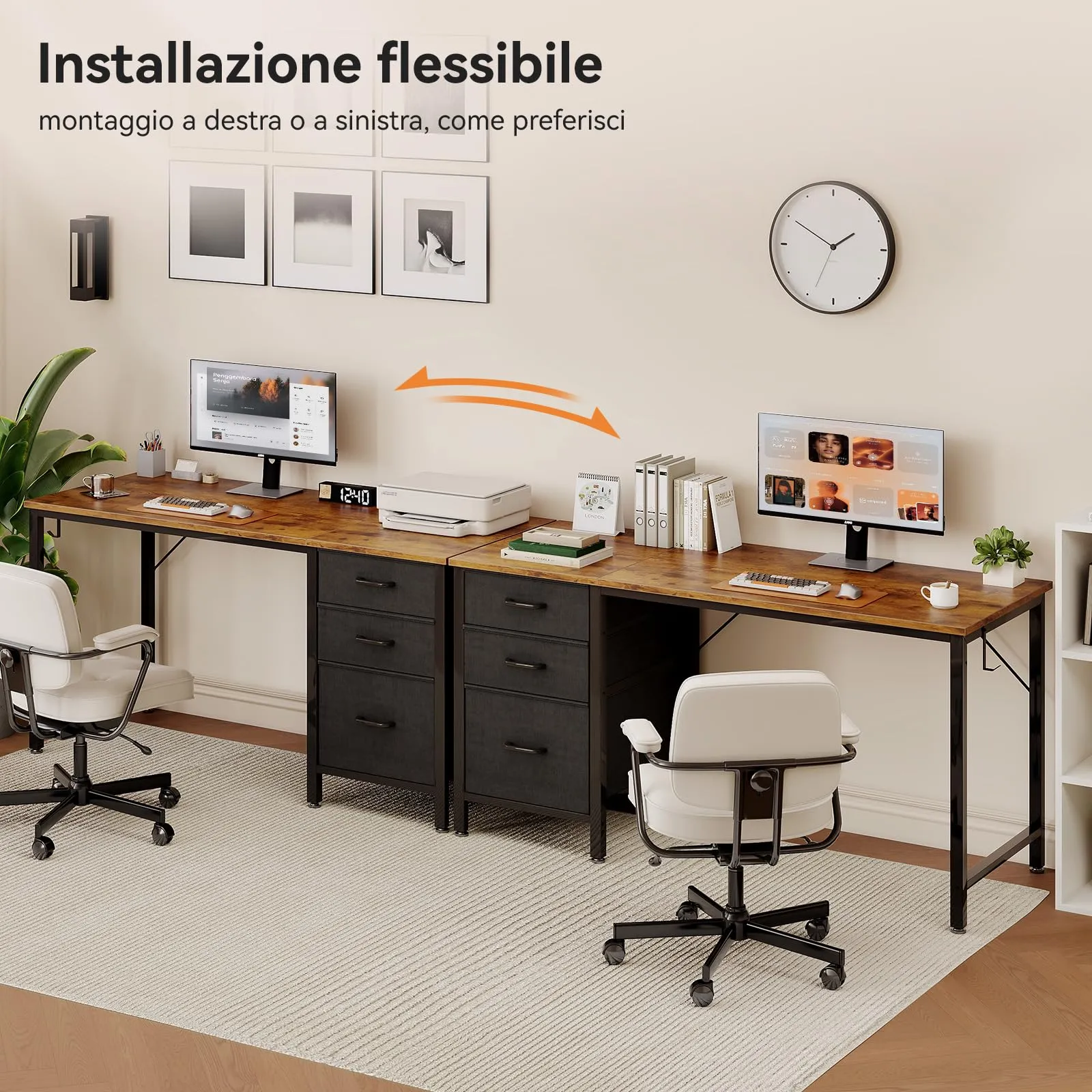 Coleshome Scrivania con 3 Cassetti Reversibile e Gancio Cuffie, 120x48cm - immagine 6