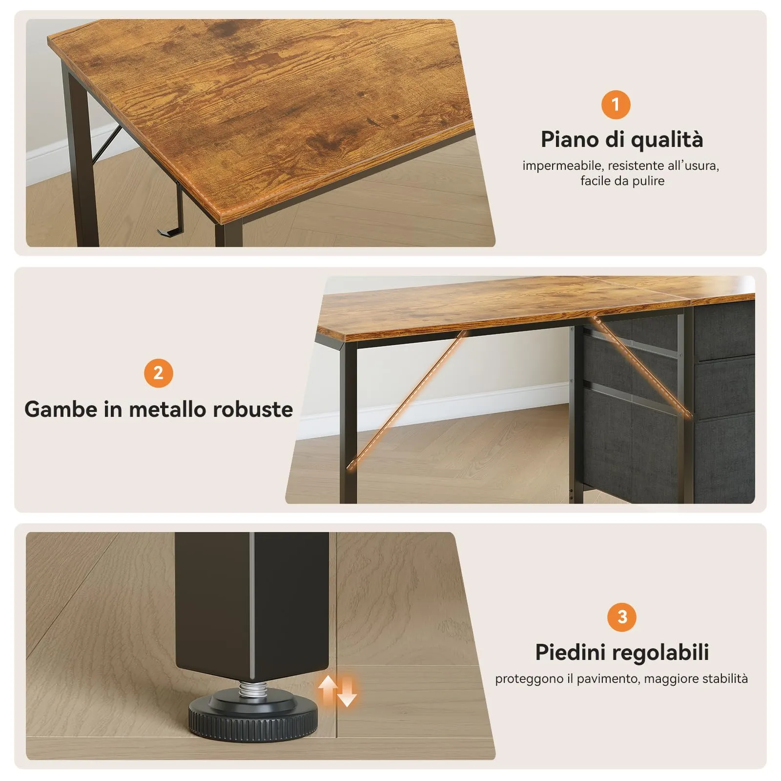 Coleshome Scrivania con 3 Cassetti Reversibile e Gancio Cuffie, 120x48cm - immagine 8