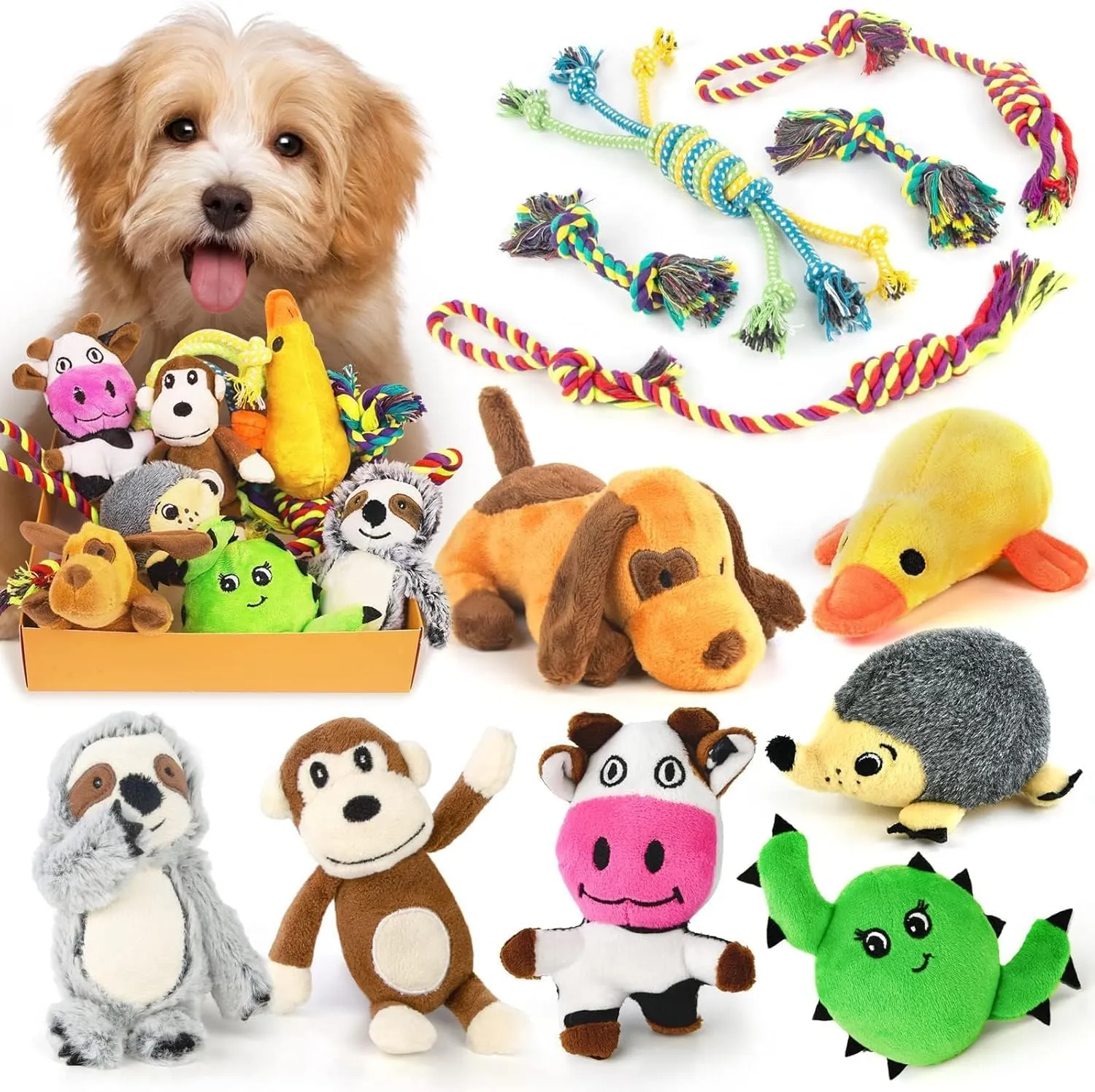LEGEND SANDY Set di 12 Giocattoli per Cuccioli, Peluche Cigolanti e Corde in Cotone Naturale per Dentizione, per Cani di Piccola Taglia - immagine 1