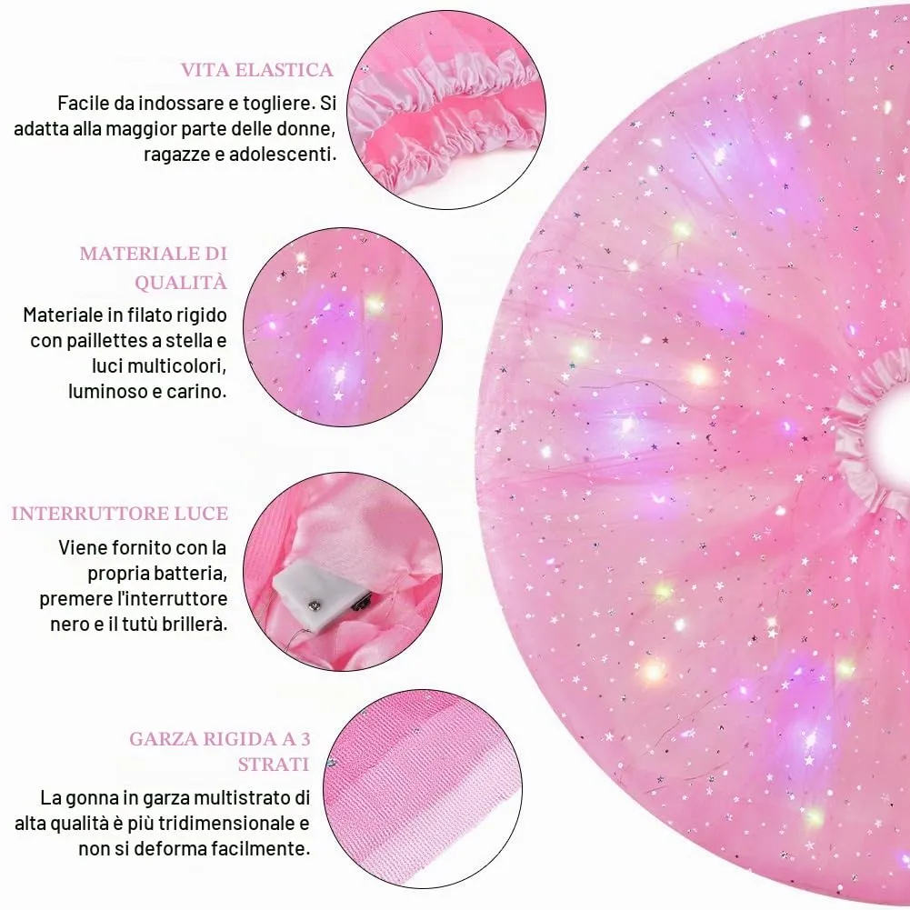 AYBUY Gonna Tutù LED con Paillettes, 3 Modalità di Illuminazione, Rosa - immagine 3
