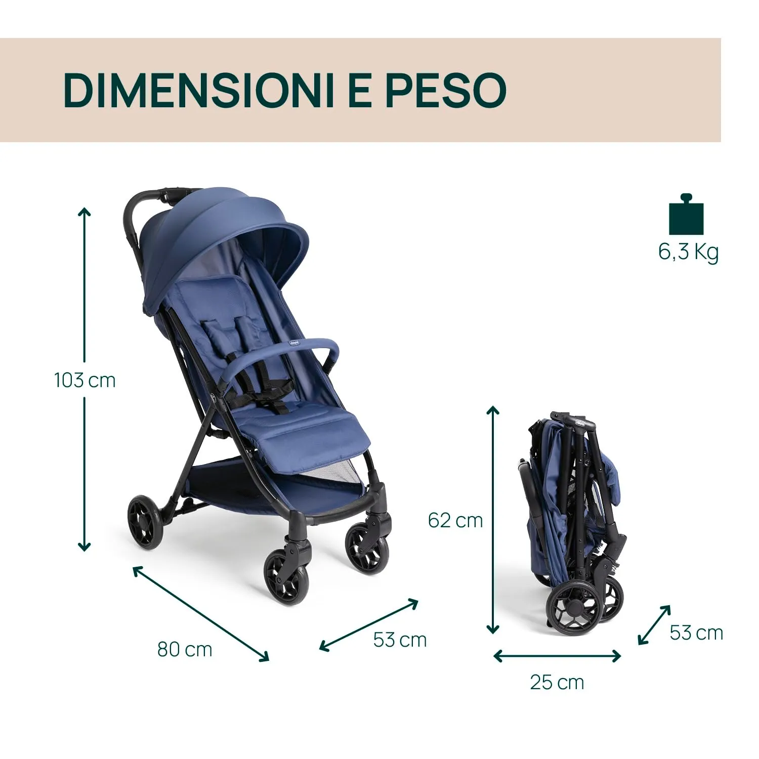 Chicco Urbino Passeggino 0-22 kg, Blu - immagine 2