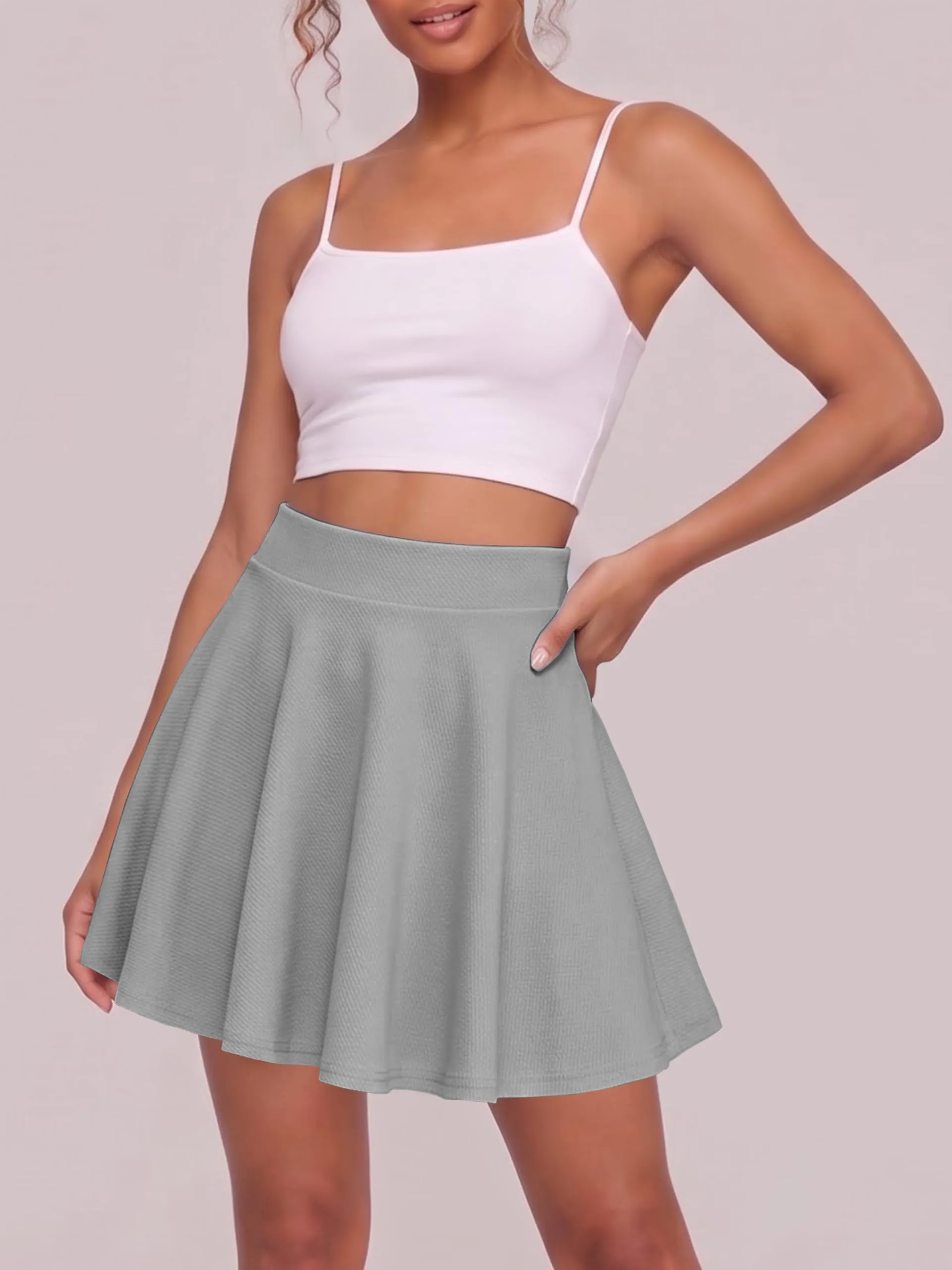 EXCHIC Donna Gonna Mini A-Linea Svasata con Vita Elastica (XS, Grigio) - immagine 3