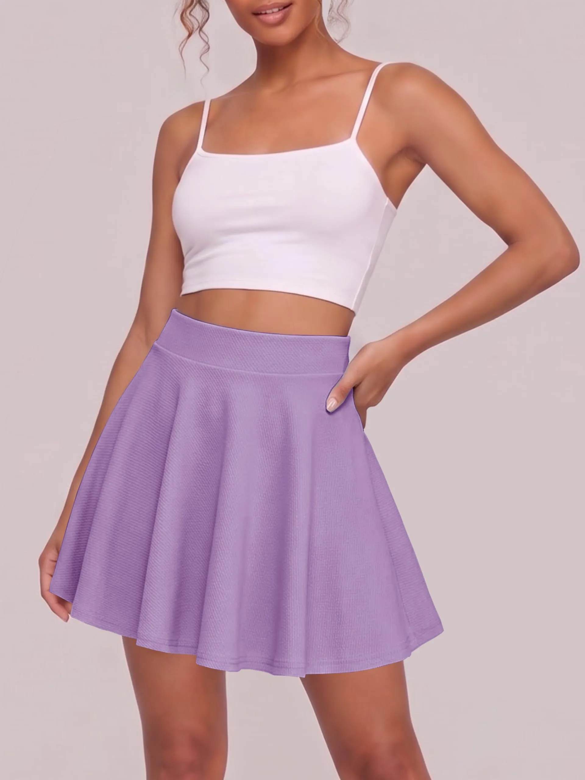 EXCHIC Donna Gonna Mini A-Linea Vita Elastica Svasata, Lilla Viola, M - immagine 3