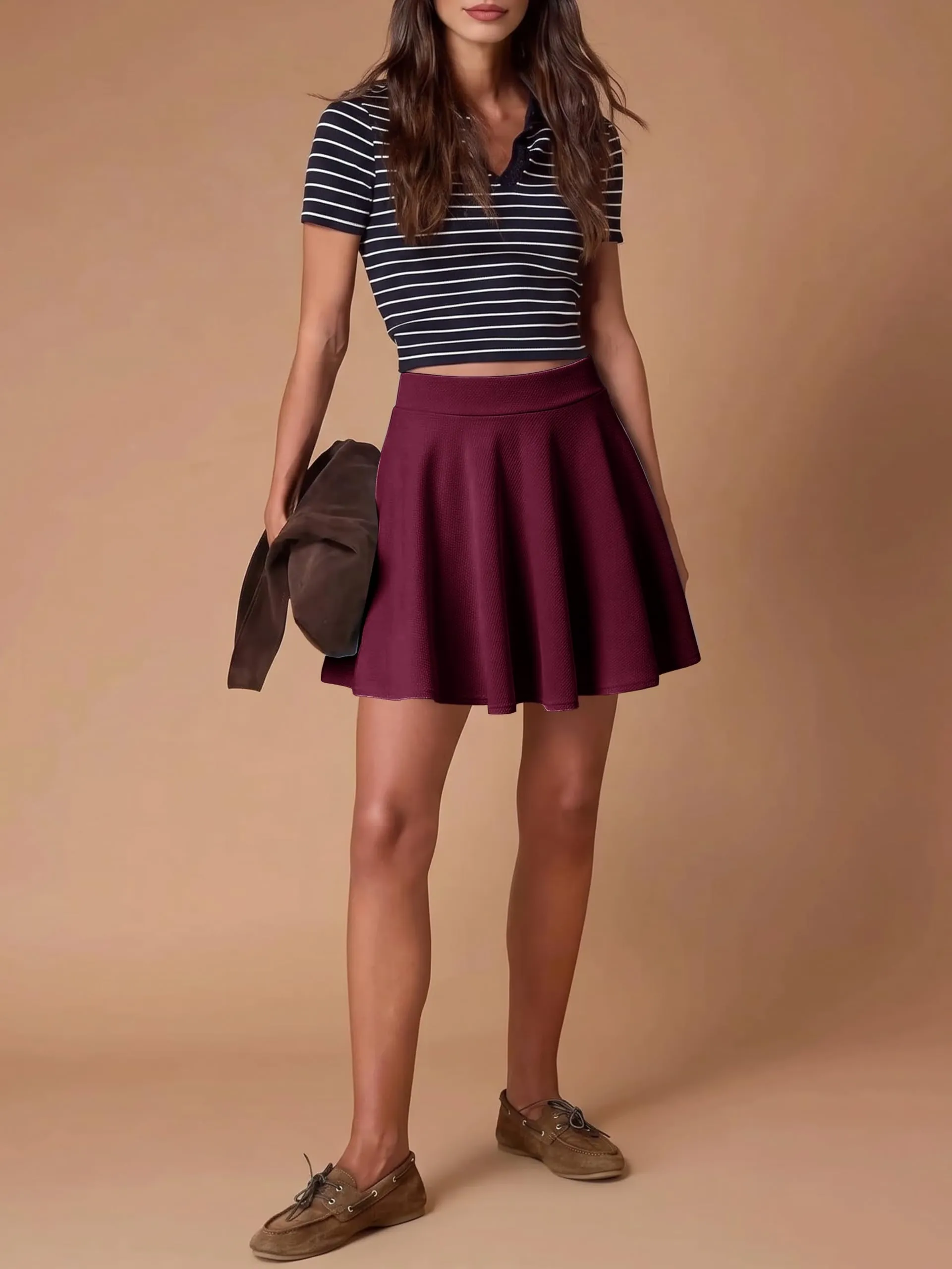 EXCHIC Donna Mini Gonna A-Linea Svasata con Vita Elastica, Vino Rosso, M - immagine 7