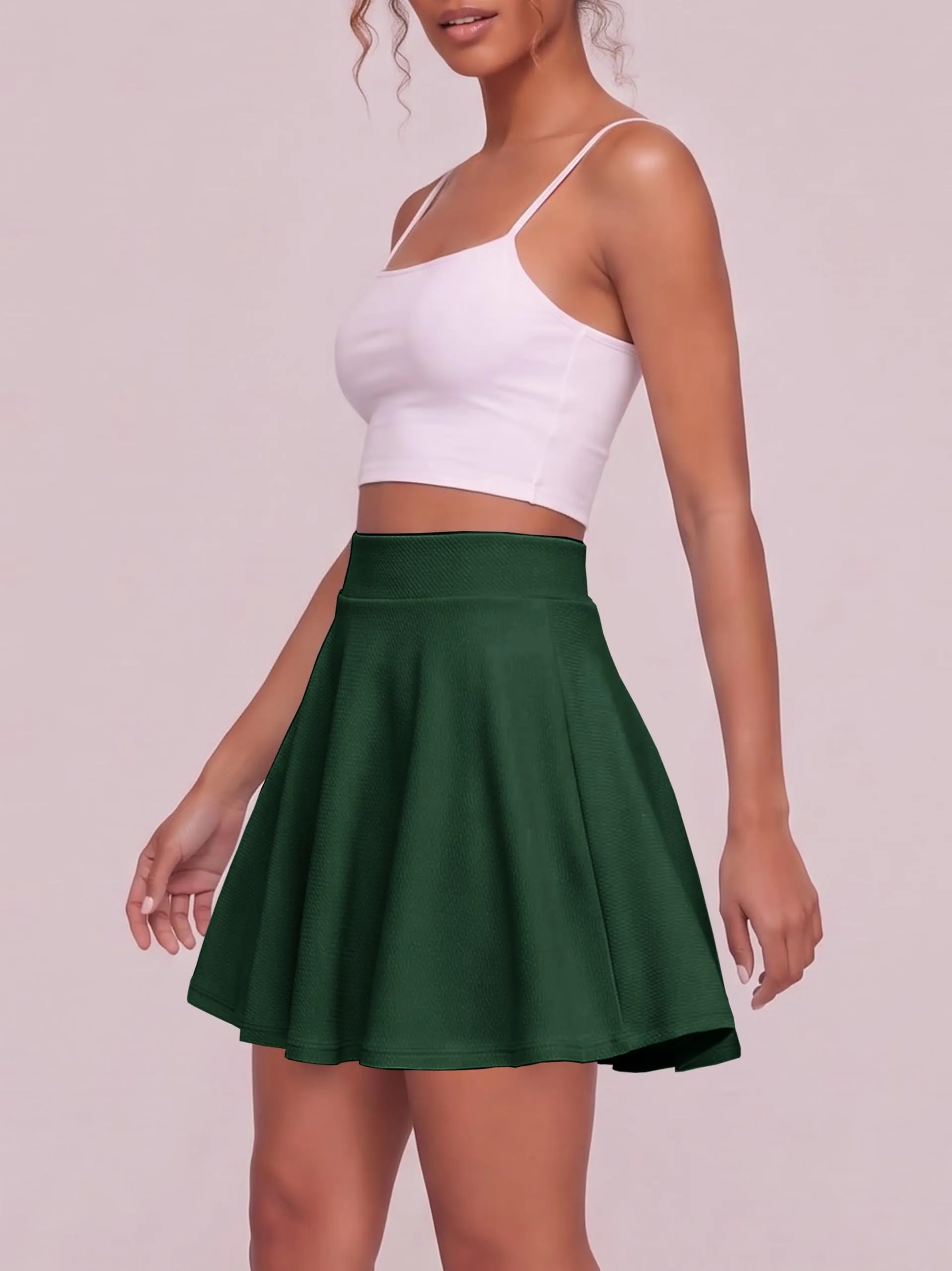 EXCHIC Gonna Mini A-Linea Vita Elastica Svasata (M, Verde Scuro) - immagine 5