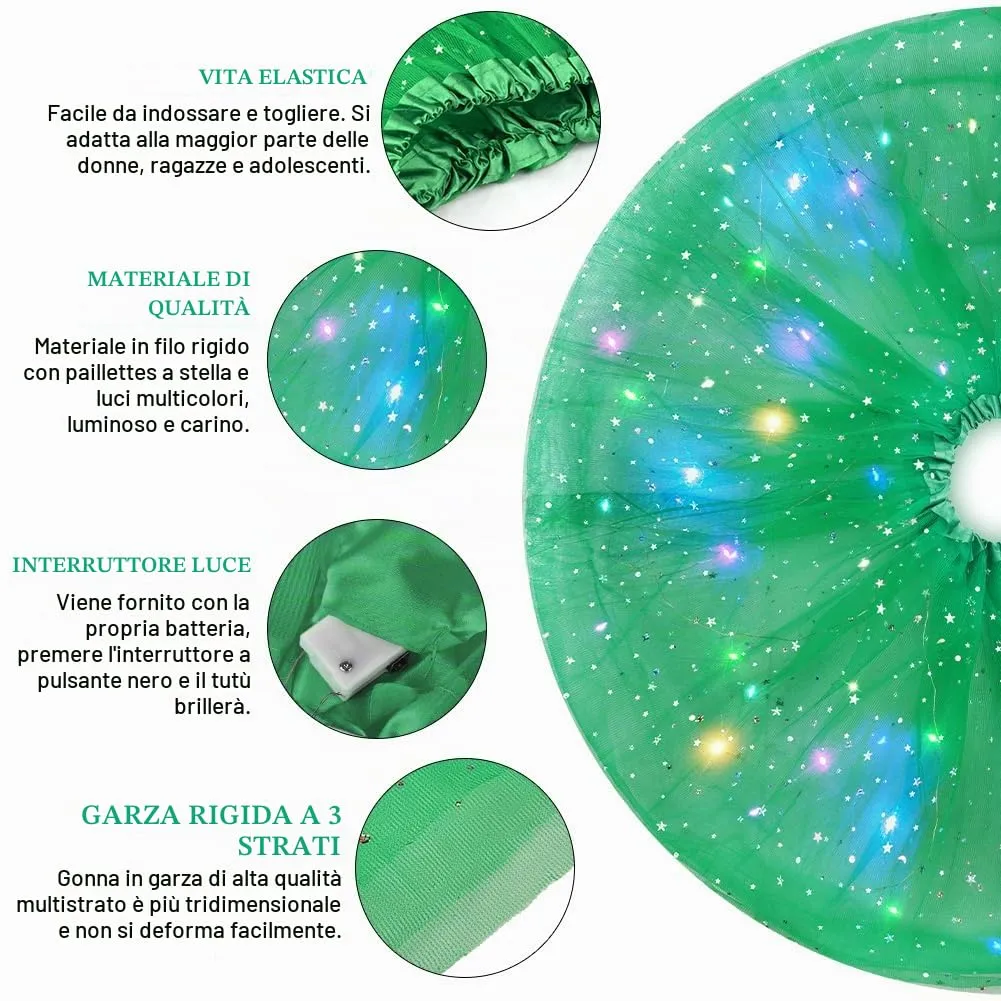 AYBUY Gonna Tutù LED con Paillettes, 3 Modalità di Illuminazione, Verde - immagine 3