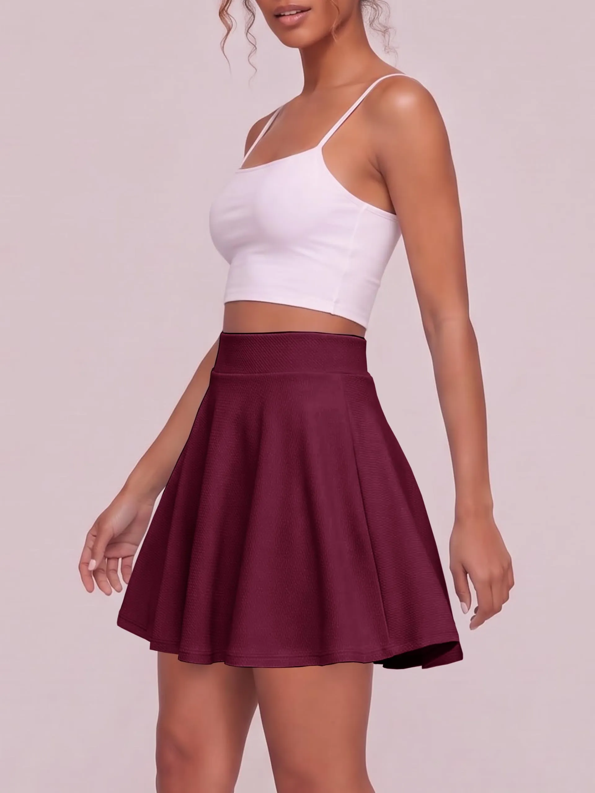 EXCHIC Donna Gonna Mini A-Linea Vita Elastica Svasata, XS, Vino Rosso - immagine 5