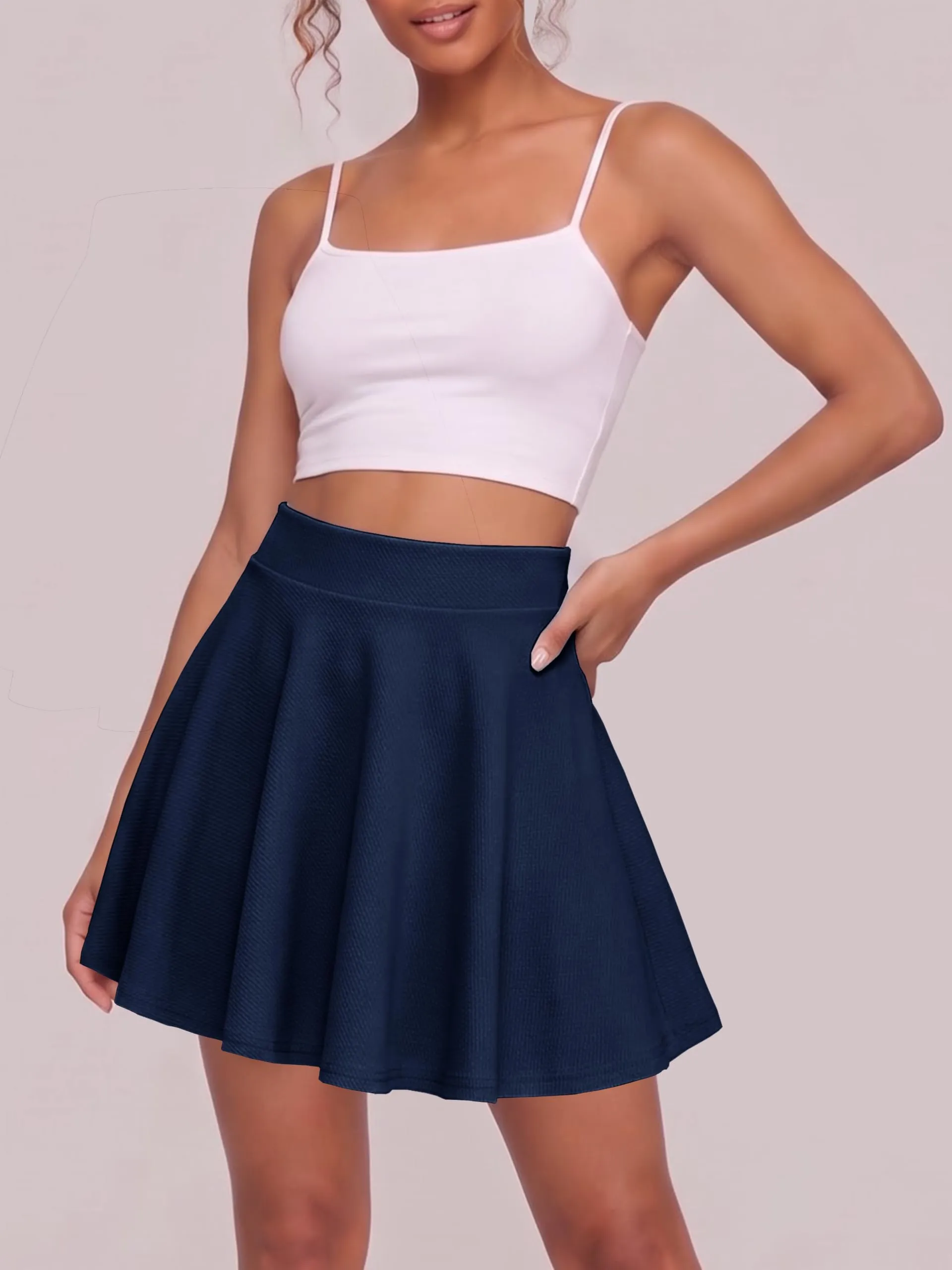 EXCHIC Donna Gonna Mini A-Linea Casual a Vita Elastica (XL, Blu Marino) - immagine 3