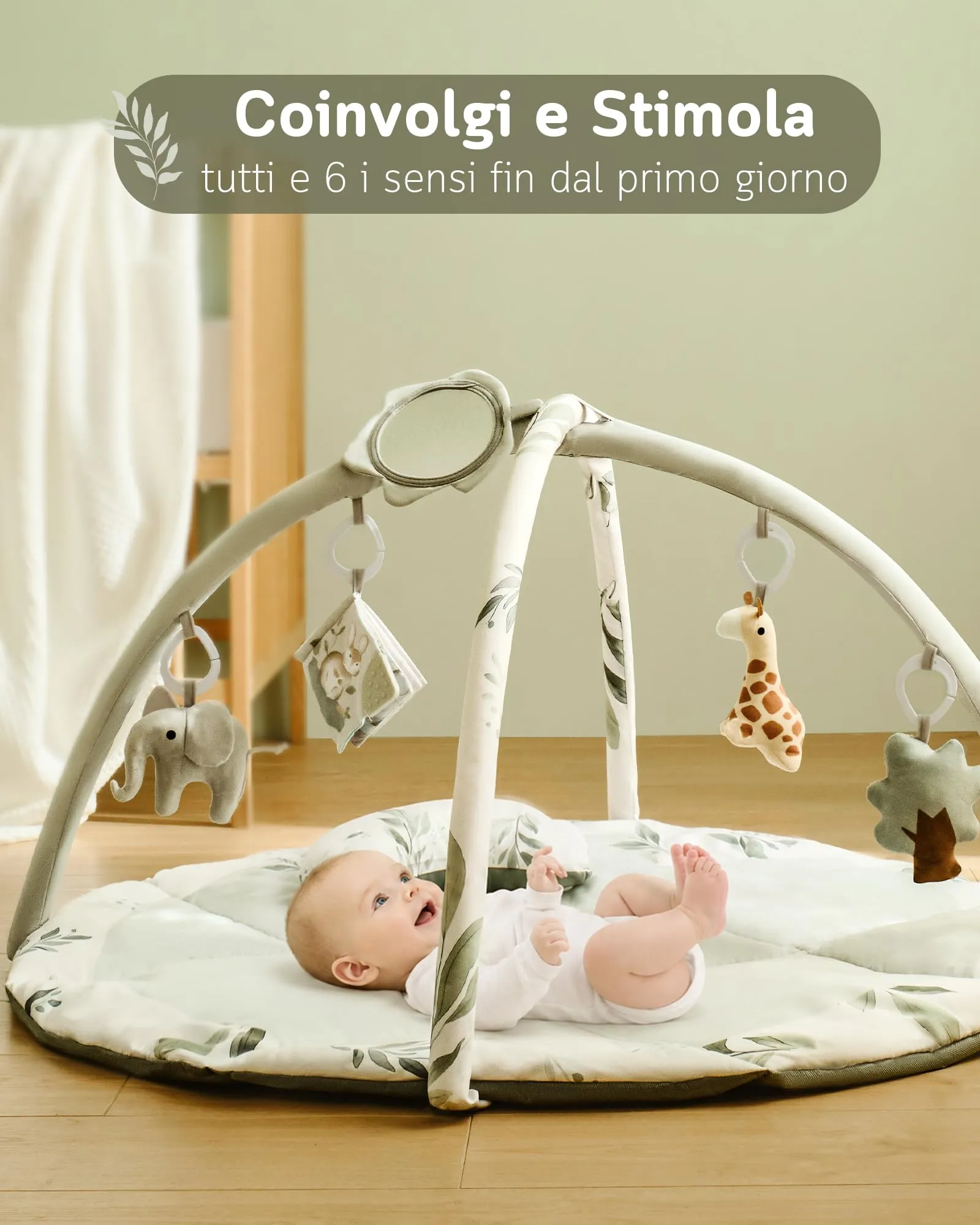 Fortella Palestrina Neonato Evolutiva, Tappetino Gioco Attività con 5 Giocattoli Sensoriali, Specchio e Cuscino, Verde - immagine 2