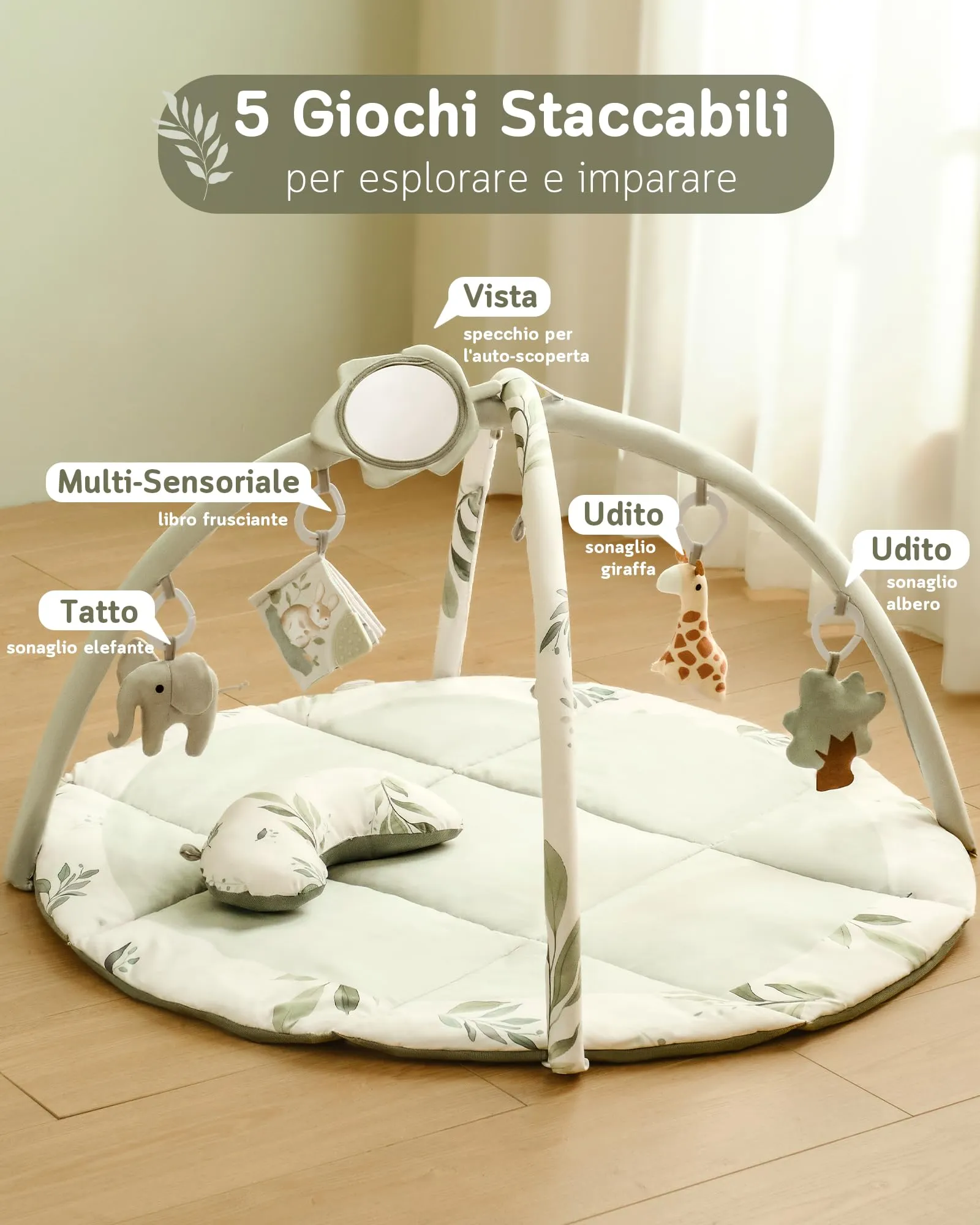 Fortella Palestrina Neonato Evolutiva, Tappetino Gioco Attività con 5 Giocattoli Sensoriali, Specchio e Cuscino, Verde - immagine 3