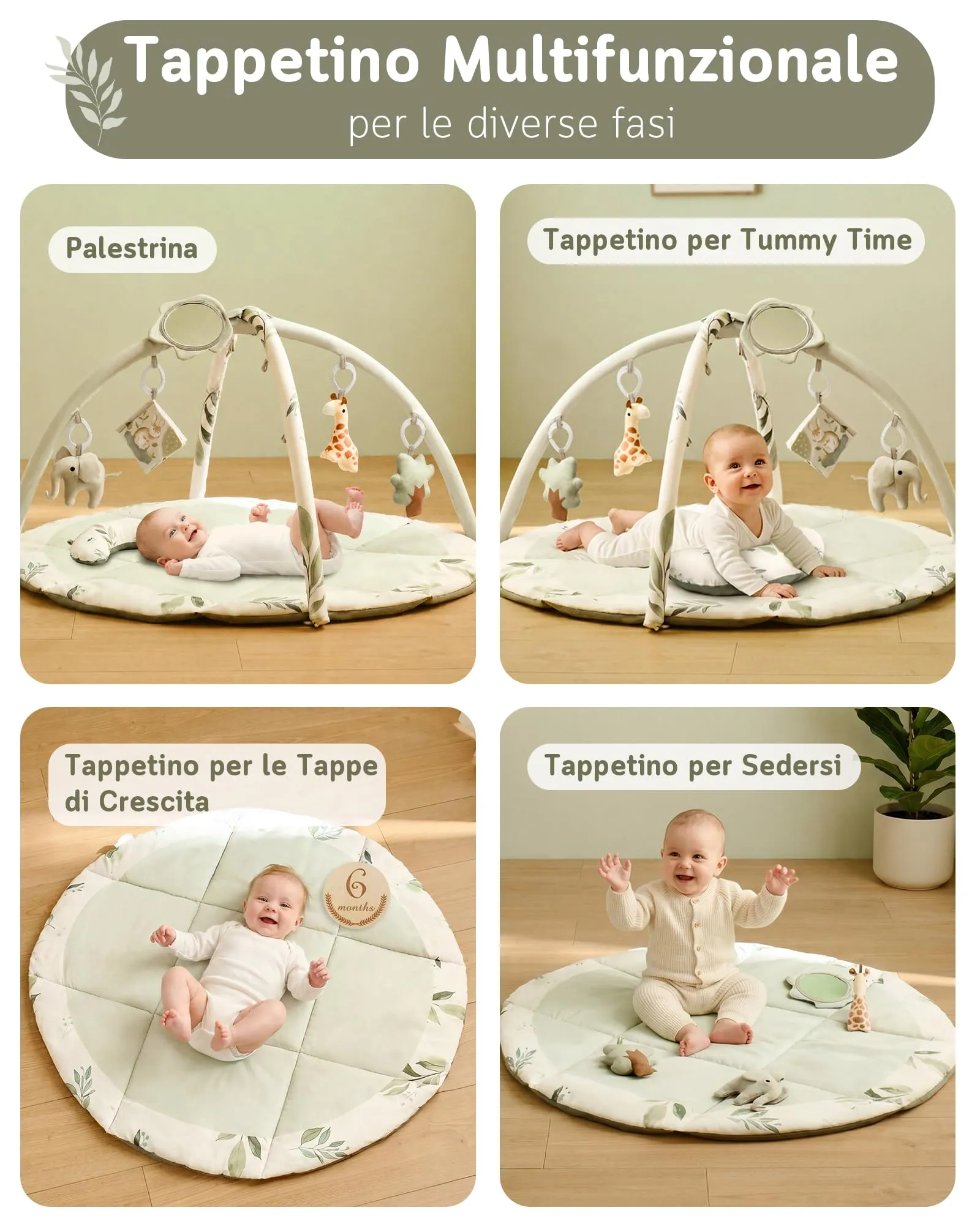 Fortella Palestrina Neonato Evolutiva, Tappetino Gioco Attività con 5 Giocattoli Sensoriali, Specchio e Cuscino, Verde - immagine 4