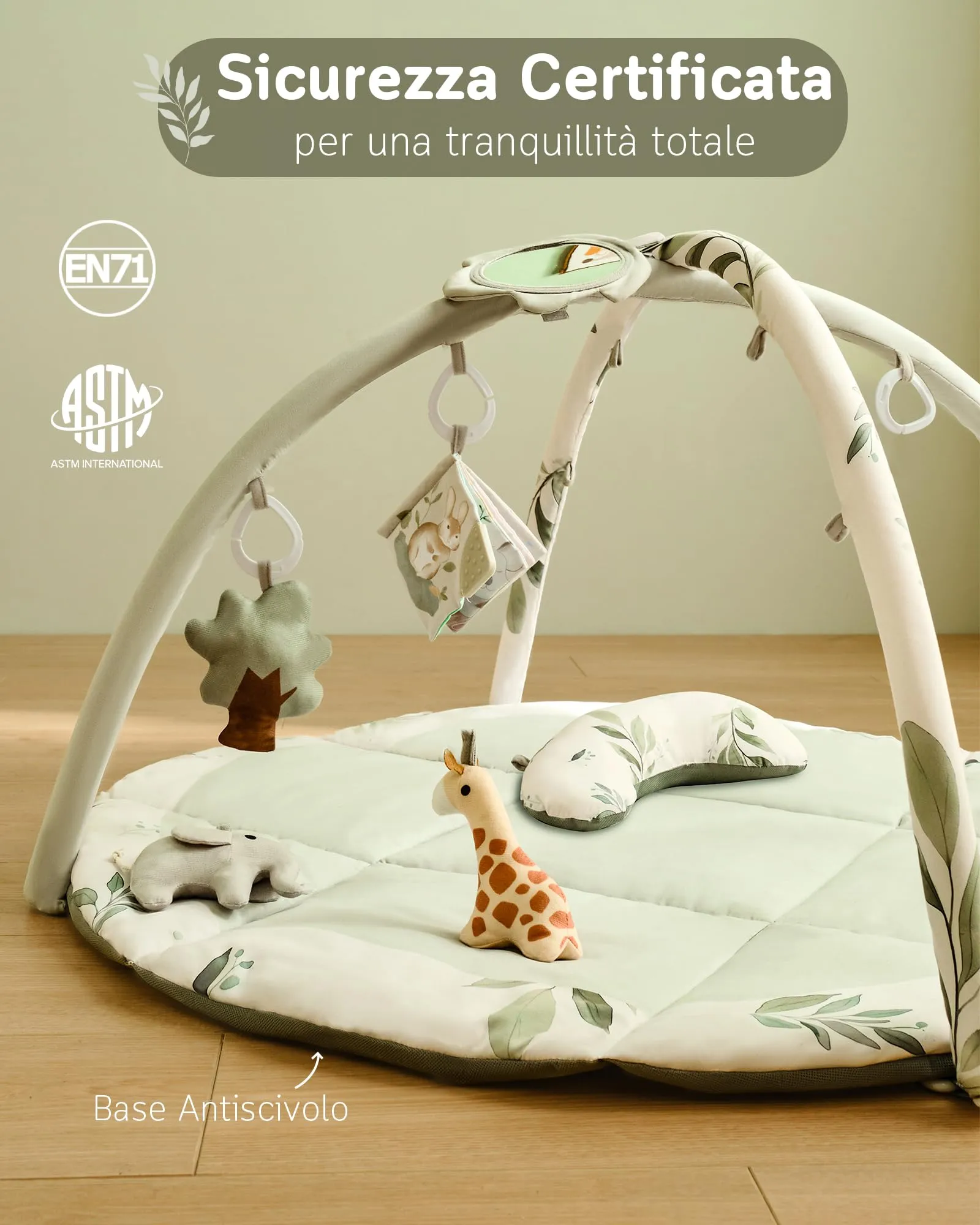 Fortella Palestrina Neonato Evolutiva, Tappetino Gioco Attività con 5 Giocattoli Sensoriali, Specchio e Cuscino, Verde - immagine 7