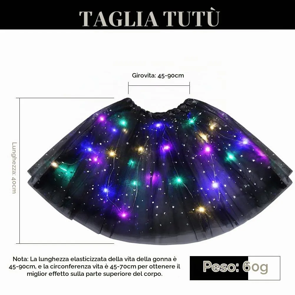 AYBUY Gonna Tutù a LED a 3 Strati in Poliestere, Nero, Vita 45 cm, Lunghezza 40 cm - immagine 4