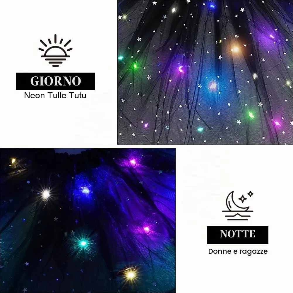 AYBUY Gonna Tutù a LED a 3 Strati in Poliestere, Nero, Vita 45 cm, Lunghezza 40 cm - immagine 5