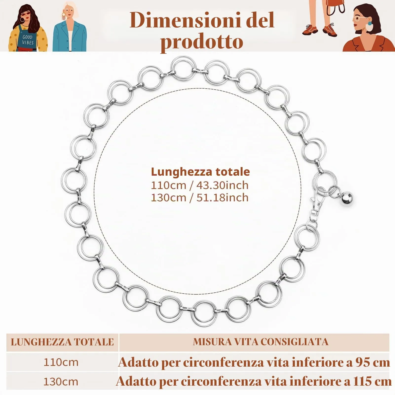 MELLIEX Cintura a Catena in Metallo Regolabile Argento per Donna - immagine 5
