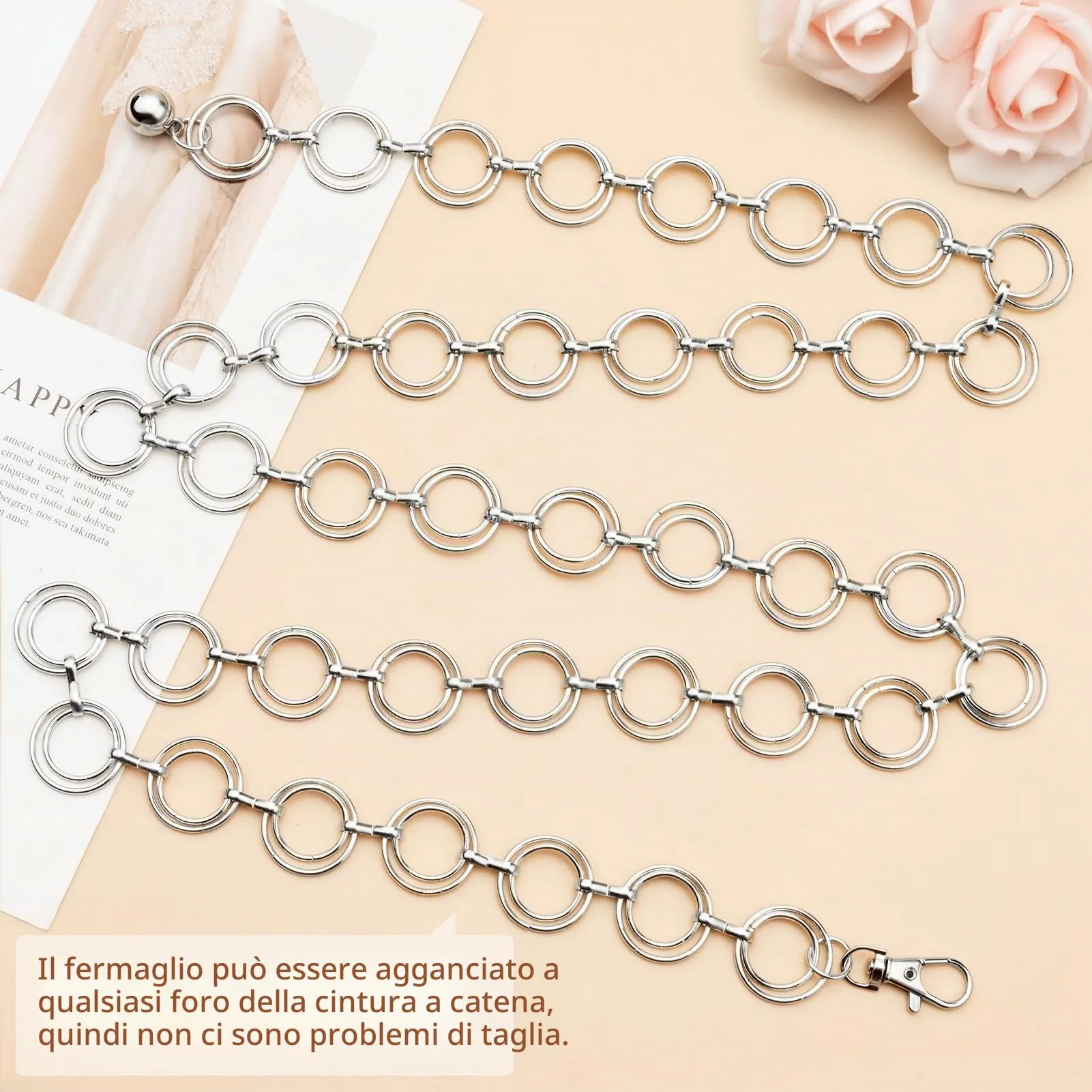 MELLIEX Cintura a Catena in Metallo Regolabile Argento per Donna - immagine 7