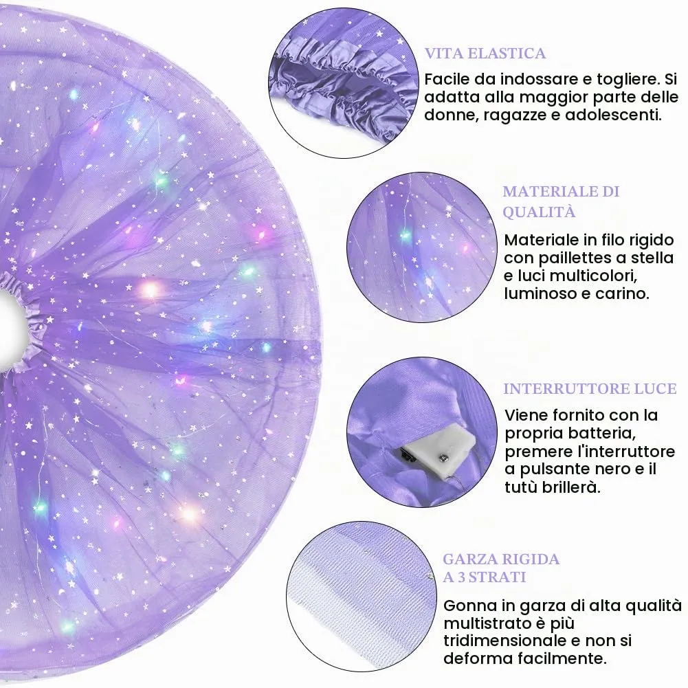 AYBUY Gonna Tutù a 3 Strati con Luci LED, Viola Chiaro, Taglia M - immagine 4