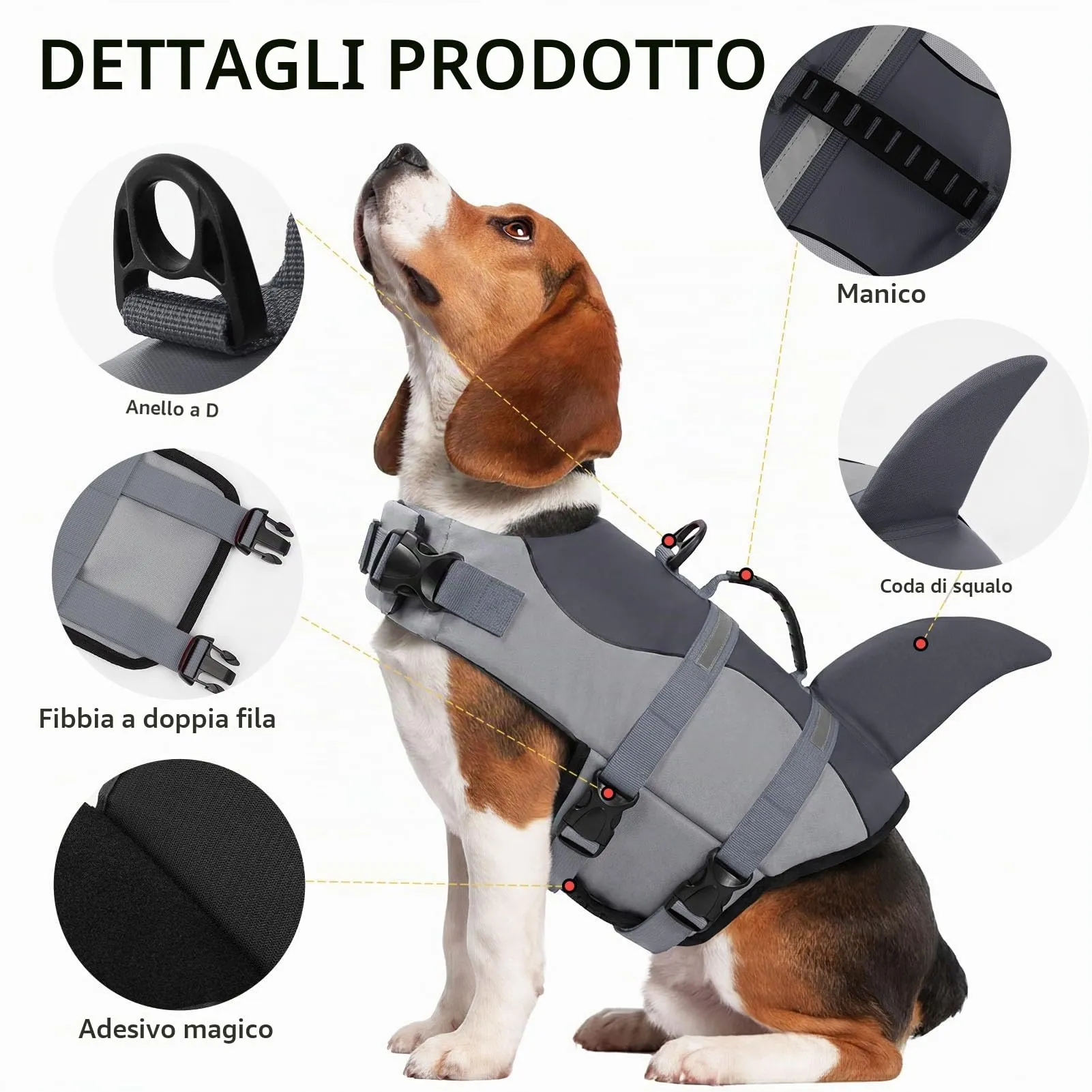 CITÉTOILE Giubbotto Salvagente per Cane Ripstop con Pinna di Squalo, Grigio, XS - immagine 2