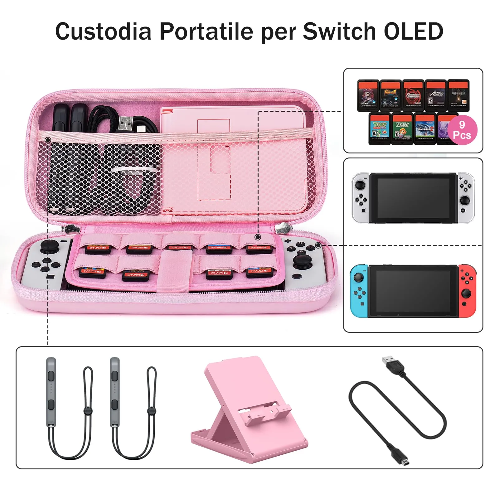 Younik Kit Accessori 17 in 1 per Nintendo Switch OLED, Rosa Brillante - immagine 2