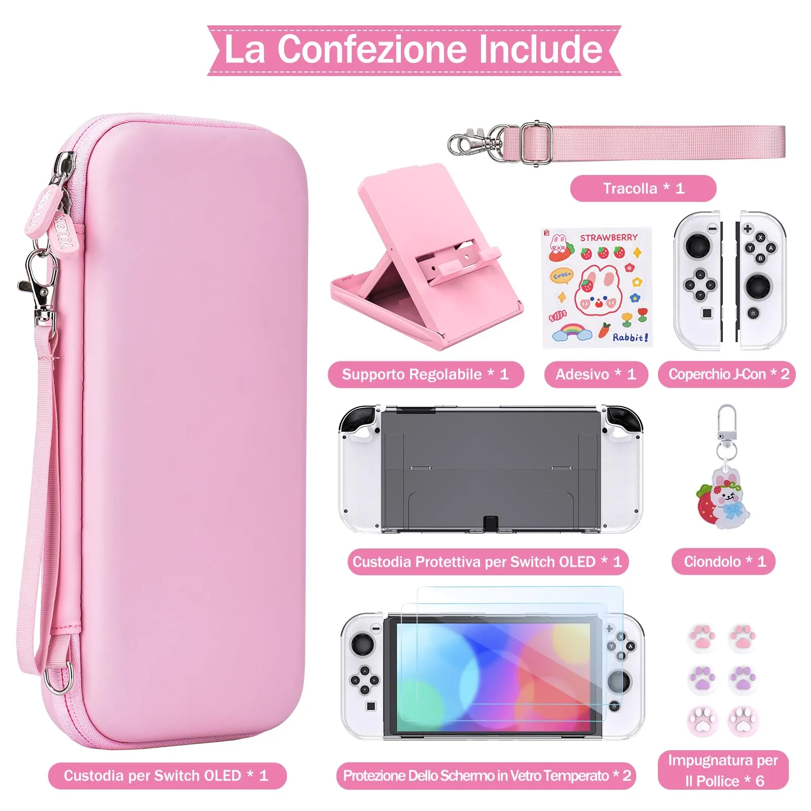 Younik Kit Accessori 17 in 1 per Nintendo Switch OLED, Rosa Brillante - immagine 3