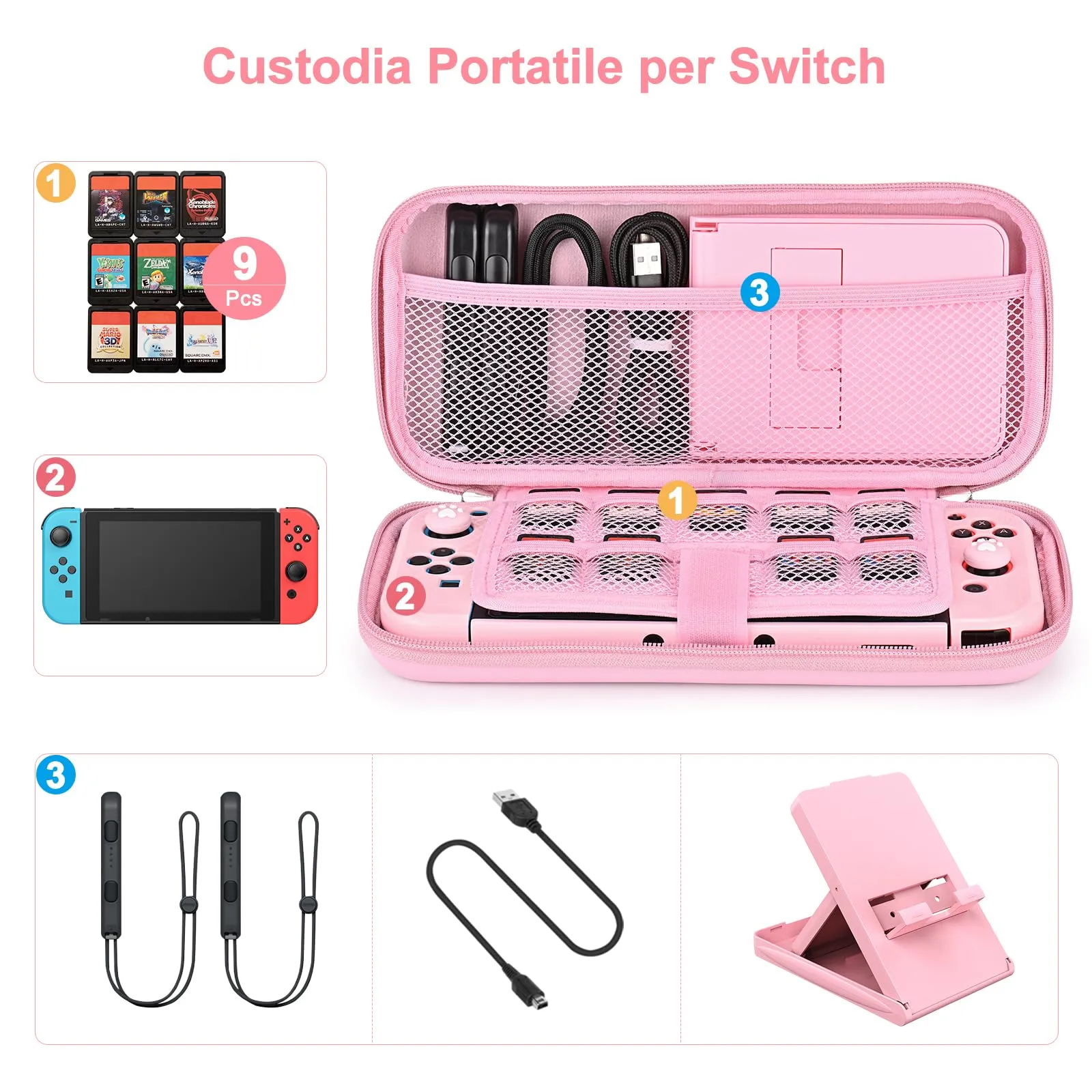 Younik Kit Accessori 17 in 1 per Nintendo Switch, Rosa Brillante - immagine 2