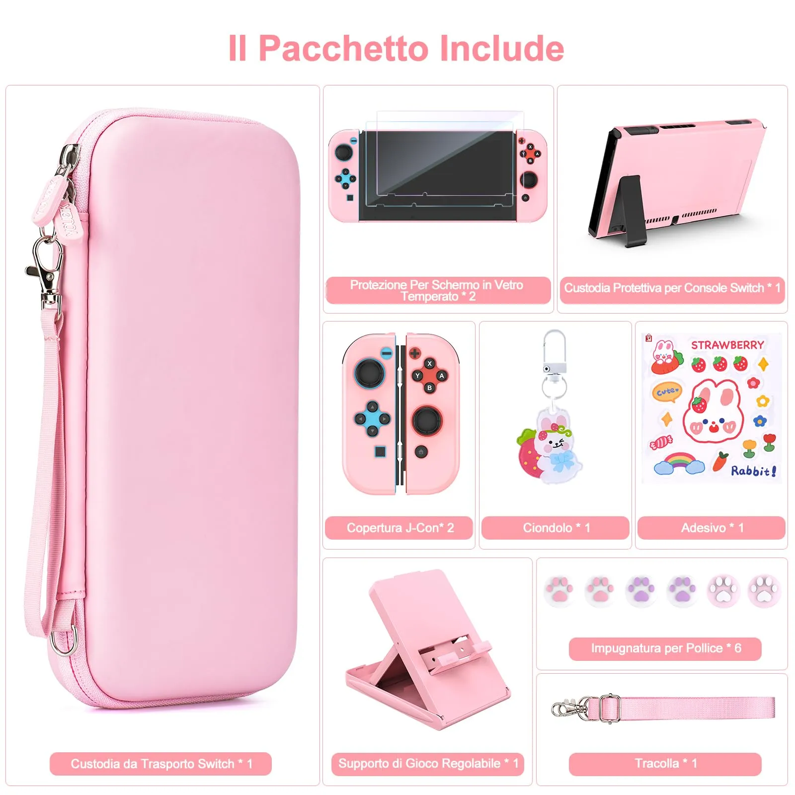 Younik Kit Accessori 17 in 1 per Nintendo Switch, Rosa Brillante - immagine 4