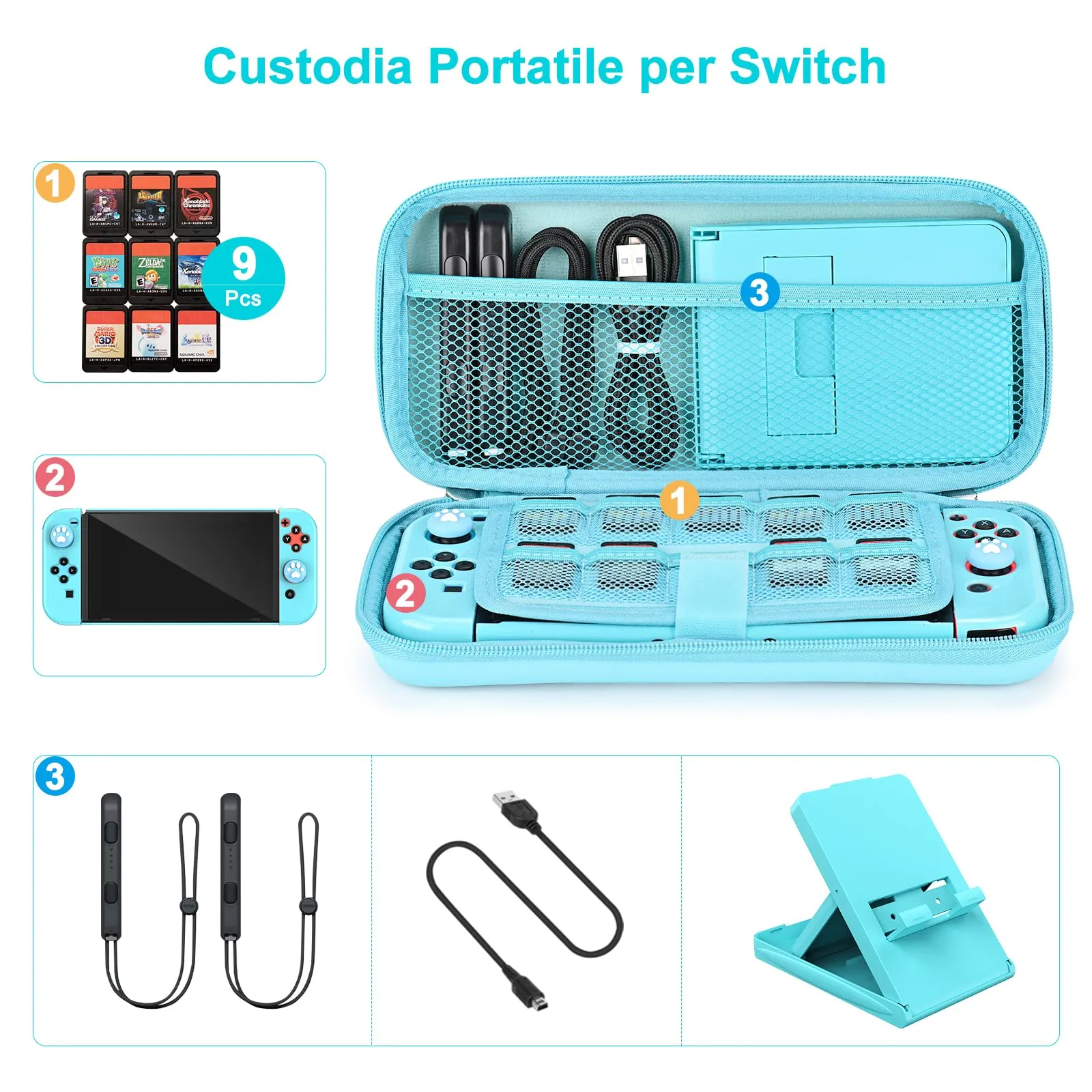 Younik Kit Accessori 17 in 1 per Nintendo Switch, Include Custodia, Supporto Regolabile e Protezioni per Console e Joy-Con (Blu) - immagine 2