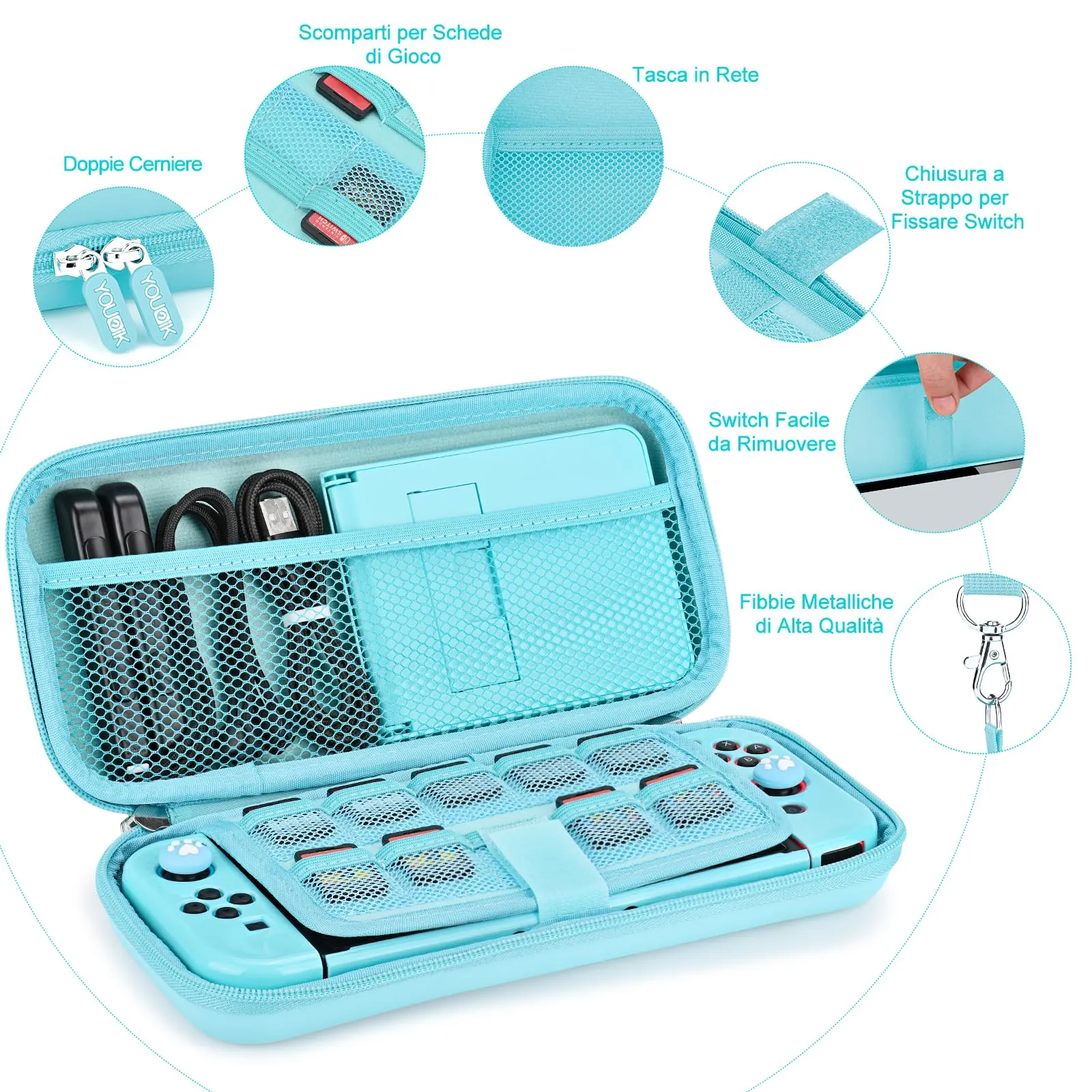 Younik Kit Accessori 17 in 1 per Nintendo Switch, Include Custodia, Supporto Regolabile e Protezioni per Console e Joy-Con (Blu) - immagine 3