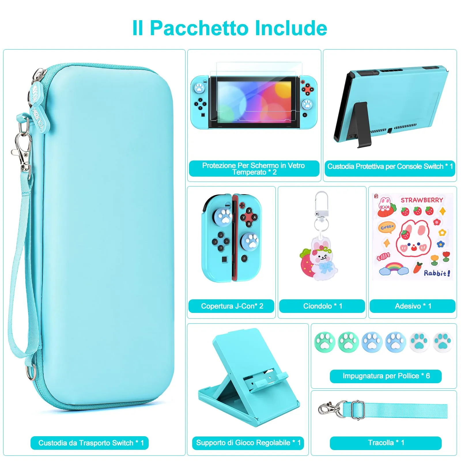 Younik Kit Accessori 17 in 1 per Nintendo Switch, Include Custodia, Supporto Regolabile e Protezioni per Console e Joy-Con (Blu) - immagine 4