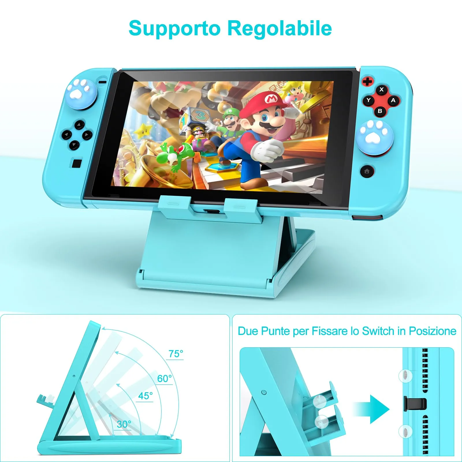 Younik Kit Accessori 17 in 1 per Nintendo Switch, Include Custodia, Supporto Regolabile e Protezioni per Console e Joy-Con (Blu) - immagine 6