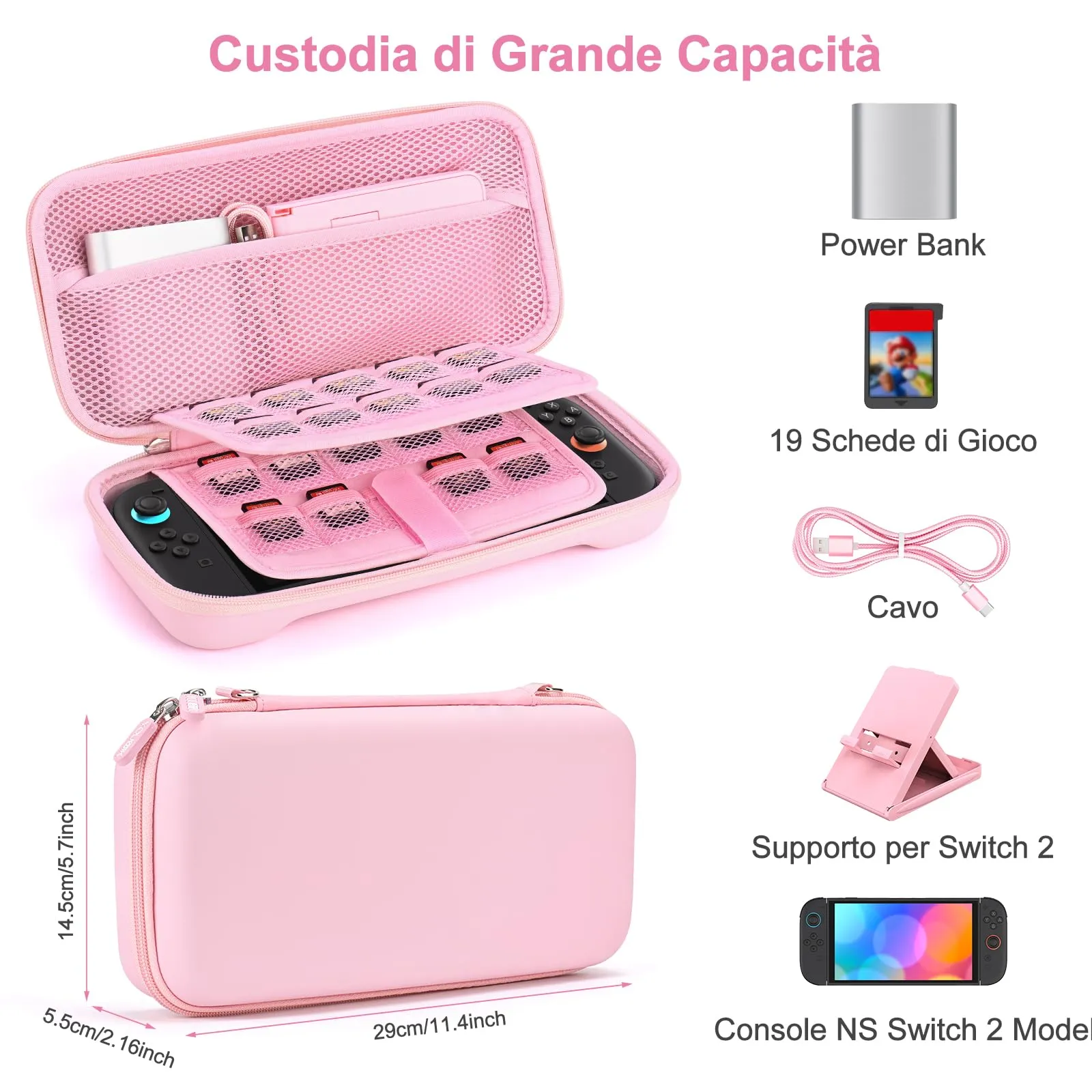 Younik Custodia per Switch 2 (2025) con 19 Slot per Schede di Gioco, Tracolla, Cinturino da Polso e Adesivi - Rosa - immagine 2