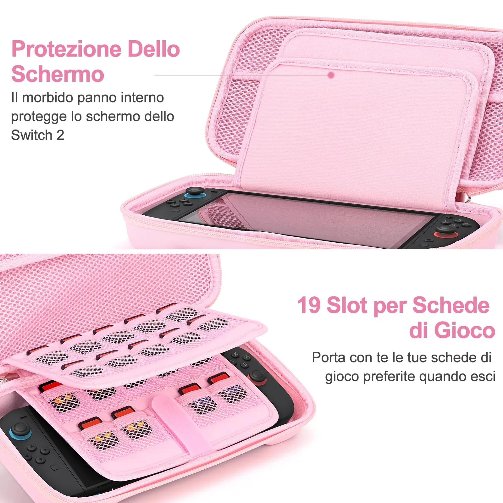Younik Custodia per Switch 2 (2025) con 19 Slot per Schede di Gioco, Tracolla, Cinturino da Polso e Adesivi - Rosa - immagine 4