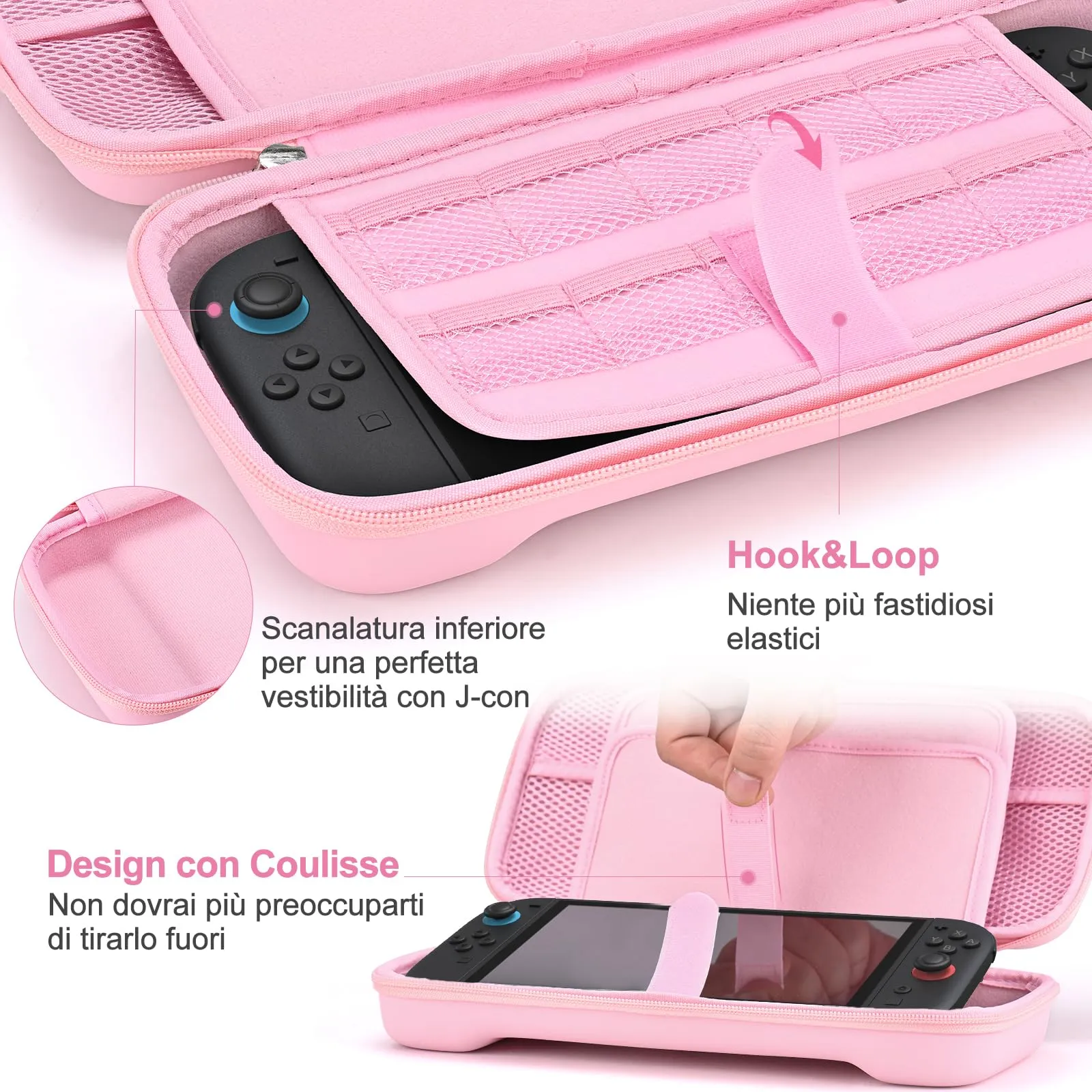 Younik Custodia per Switch 2 (2025) con 19 Slot per Schede di Gioco, Tracolla, Cinturino da Polso e Adesivi - Rosa - immagine 5