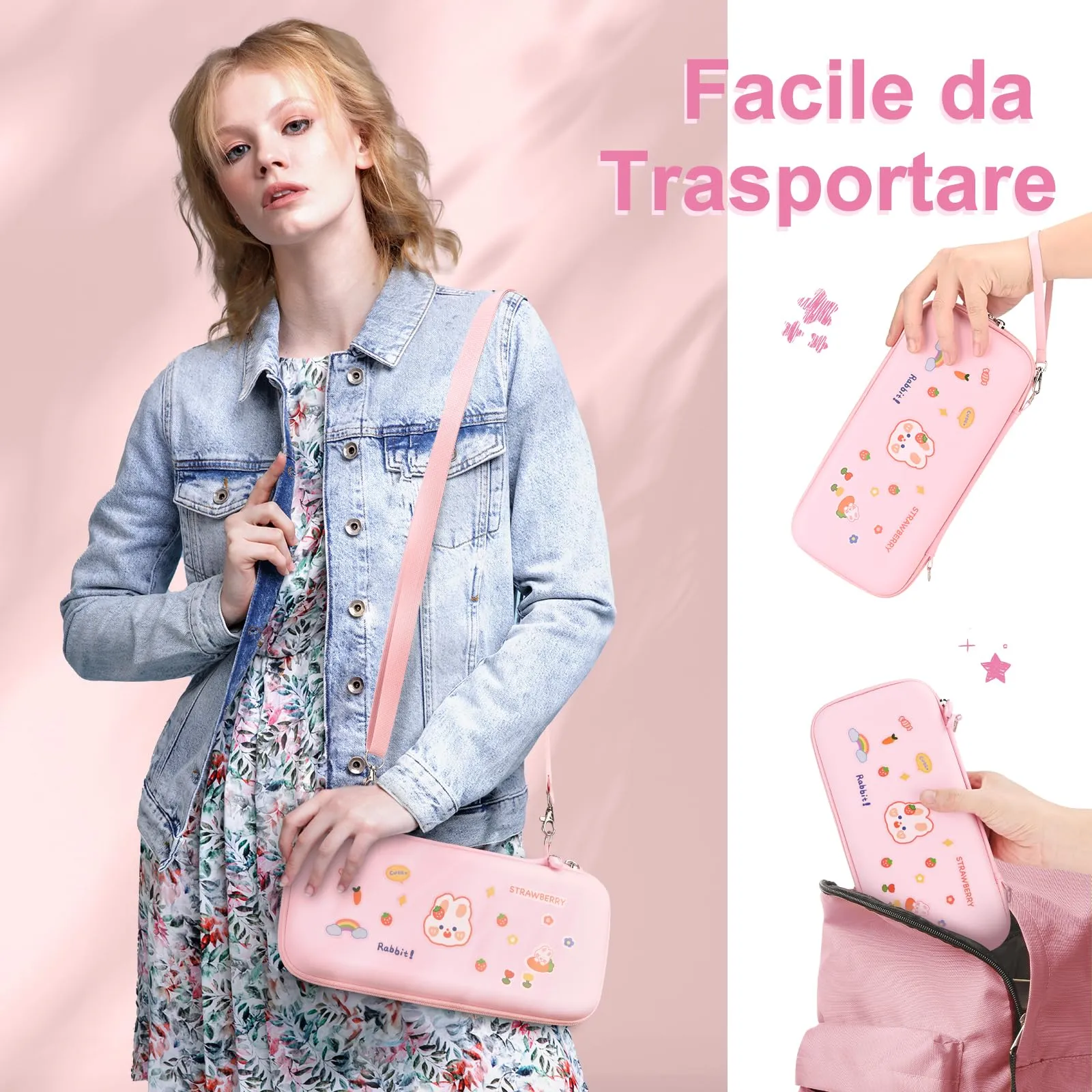 Younik Custodia per Switch 2 (2025) con 19 Slot per Schede di Gioco, Tracolla, Cinturino da Polso e Adesivi - Rosa - immagine 7