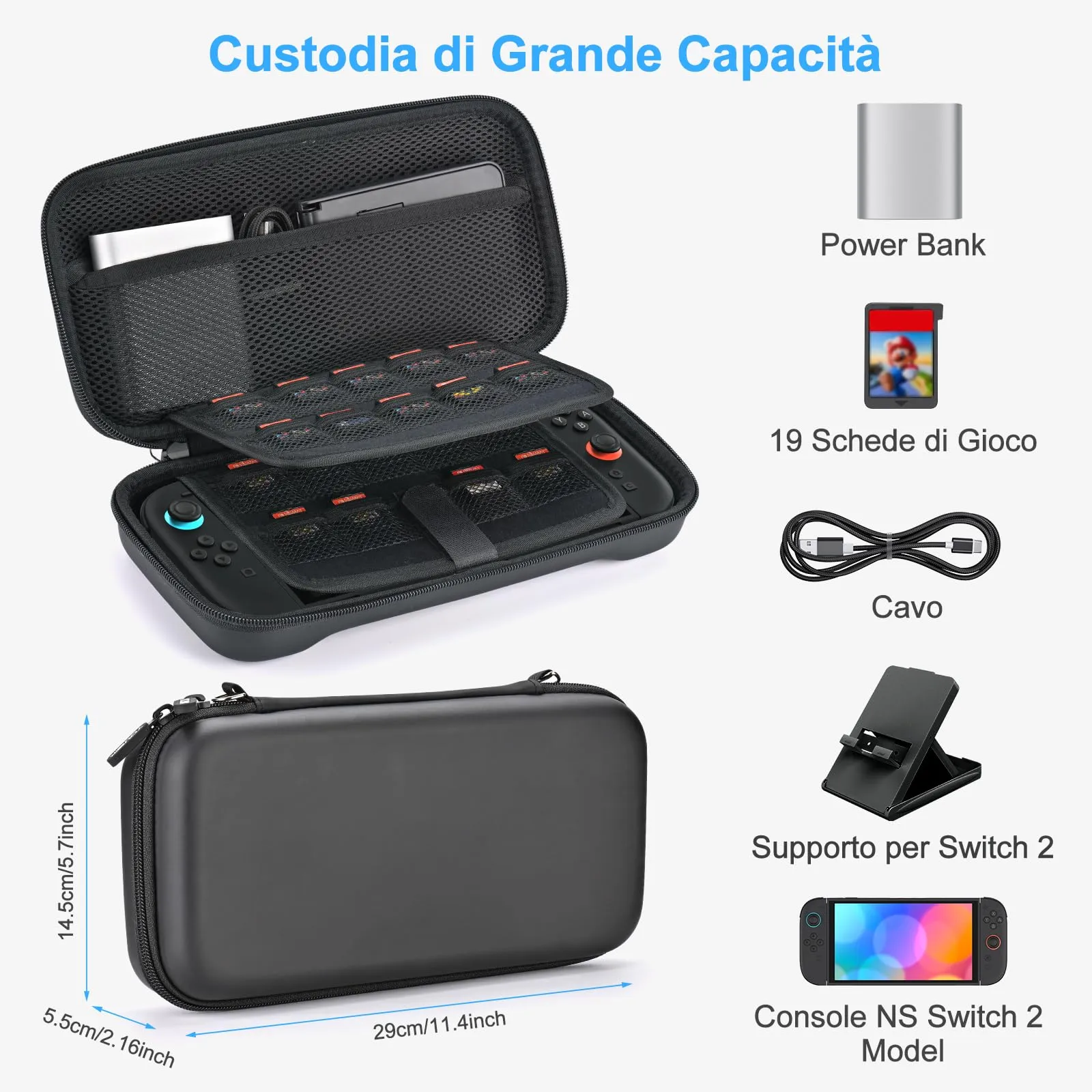 Younik Custodia per Switch 2 (2025) con 19 Slot per Schede di Gioco, Tracolla, Cinturino da Polso e Adesivi - Nero - immagine 2