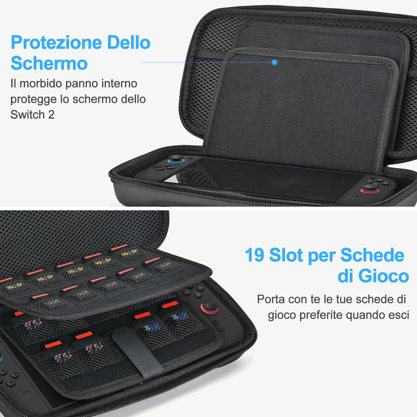Younik Custodia per Switch 2 (2025) con 19 Slot per Schede di Gioco, Tracolla, Cinturino da Polso e Adesivi - Nero - immagine 4
