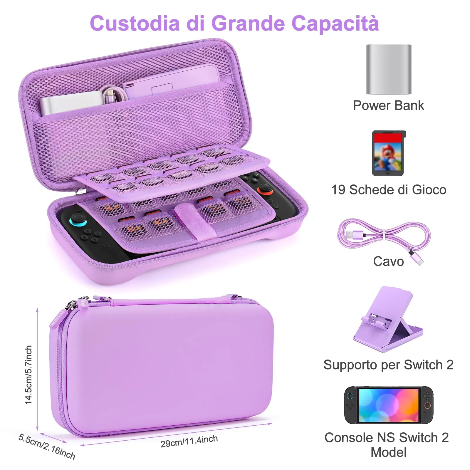 Younik Custodia per Switch 2 (2025) con 19 Slot per Schede di Gioco, Tracolla, Cinturino da Polso e Adesivi (Viola) - immagine 2