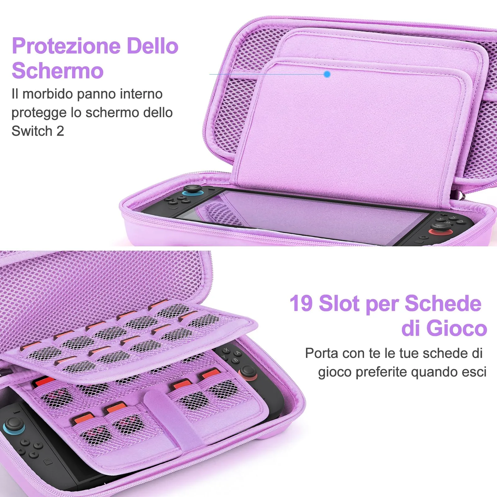 Younik Custodia per Switch 2 (2025) con 19 Slot per Schede di Gioco, Tracolla, Cinturino da Polso e Adesivi (Viola) - immagine 4