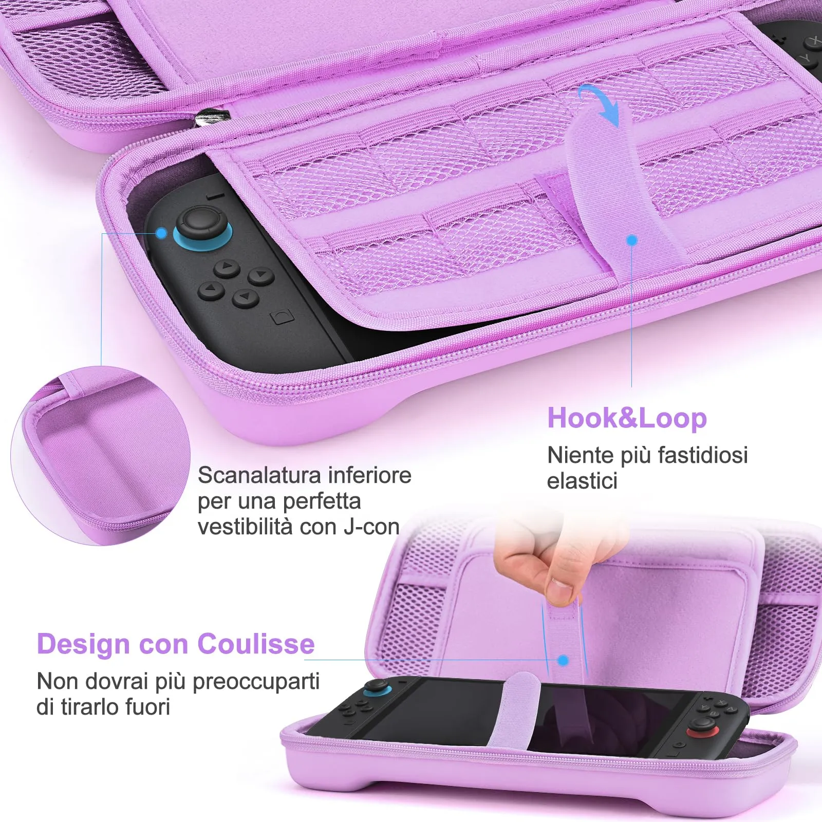 Younik Custodia per Switch 2 (2025) con 19 Slot per Schede di Gioco, Tracolla, Cinturino da Polso e Adesivi (Viola) - immagine 5