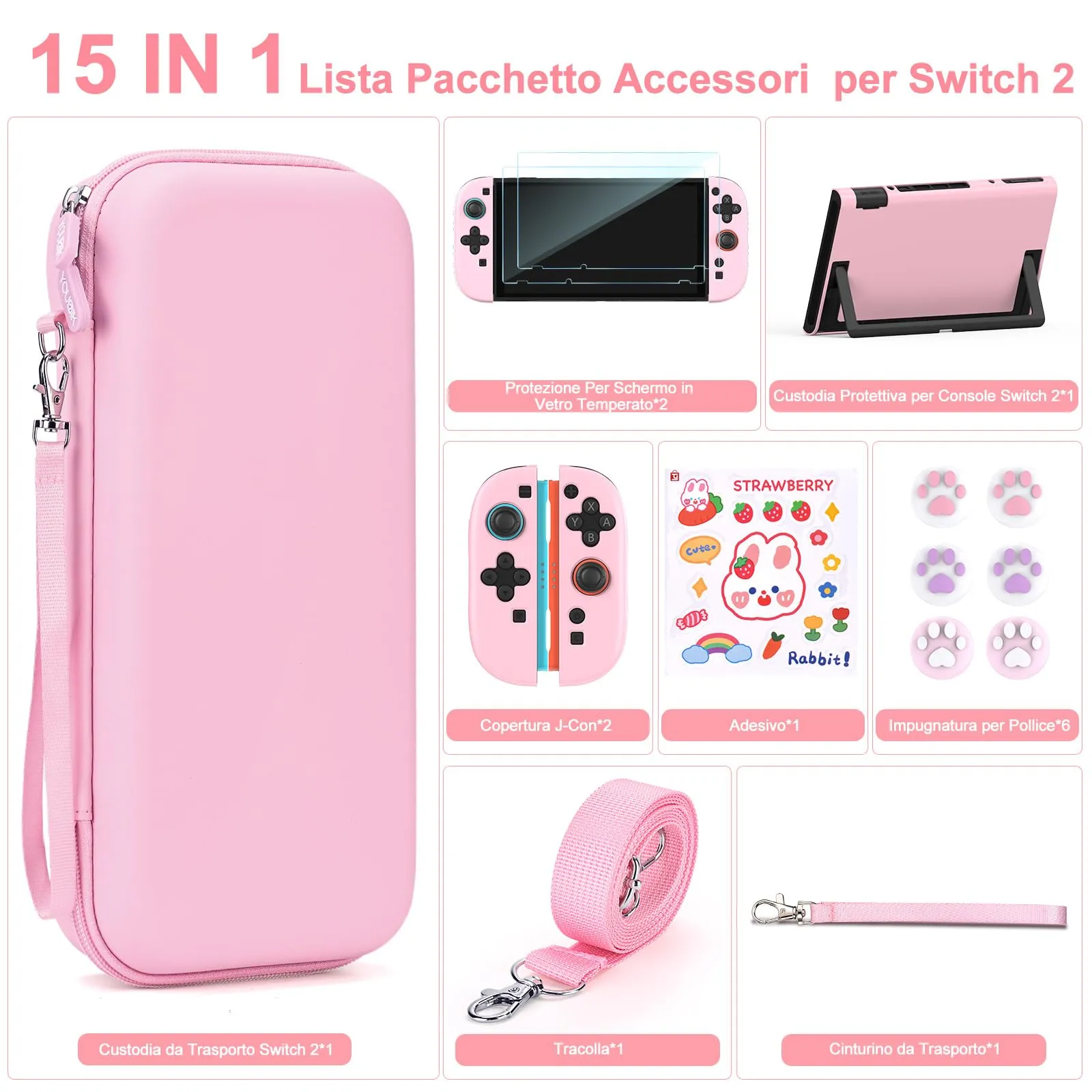 Younik Custodia per Switch 2 (2025), Kit Accessori 15 in 1 con Alloggiamenti per 19 Schede di Gioco e Protezione per J-Con, Rosa - immagine 3