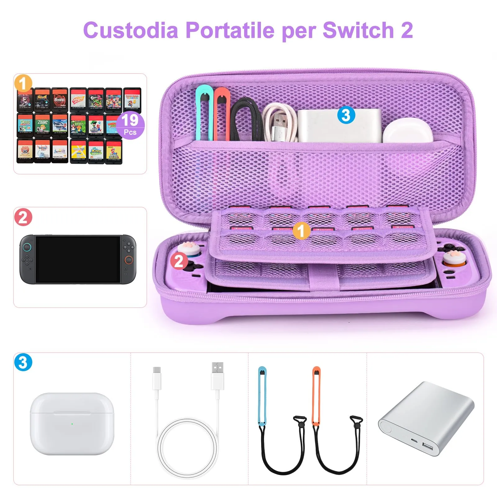Younik Kit Accessori 15 in 1 per Switch 2 (2025), Custodia con 19 Alloggiamenti per Schede di Gioco e Protezione per Console e J-Con, Viola - immagine 2