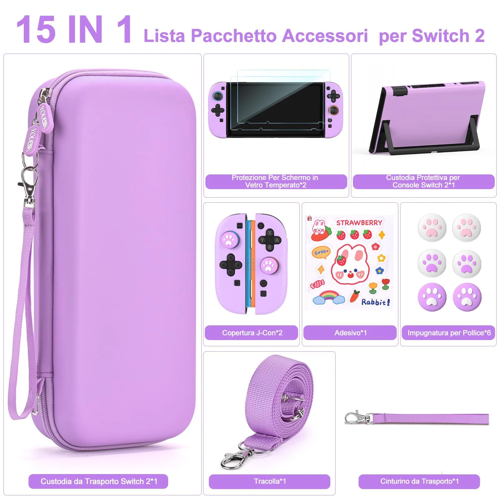 Younik Kit Accessori 15 in 1 per Switch 2 (2025), Custodia con 19 Alloggiamenti per Schede di Gioco e Protezione per Console e J-Con, Viola - immagine 3