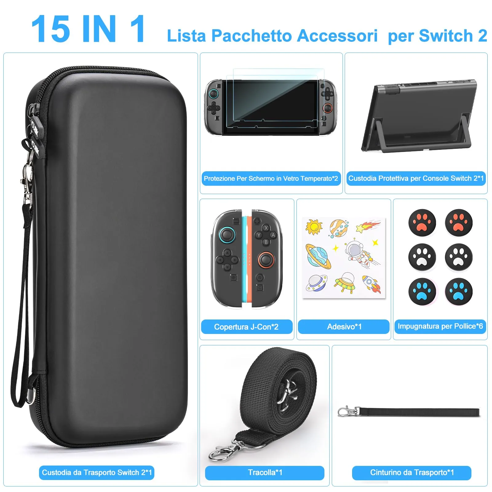 Younik Custodia per Switch 2 (2025), Kit Accessori 15 in 1 con Alloggiamenti per 19 Schede di Gioco e Protezione per Console e J-Con, Nero - immagine 3
